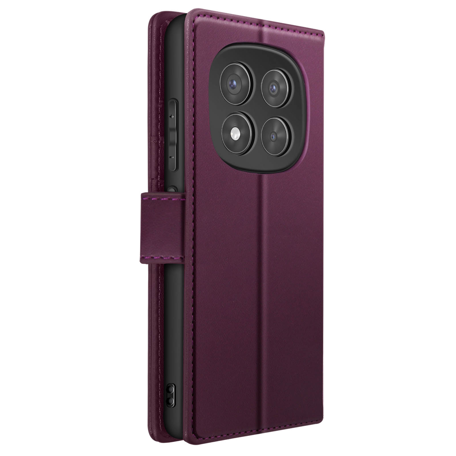 Telefono in custodia a portafoglio viola con un rialzo per la fotocamera. La custodia è chiusa, mostrando le fotocamere.