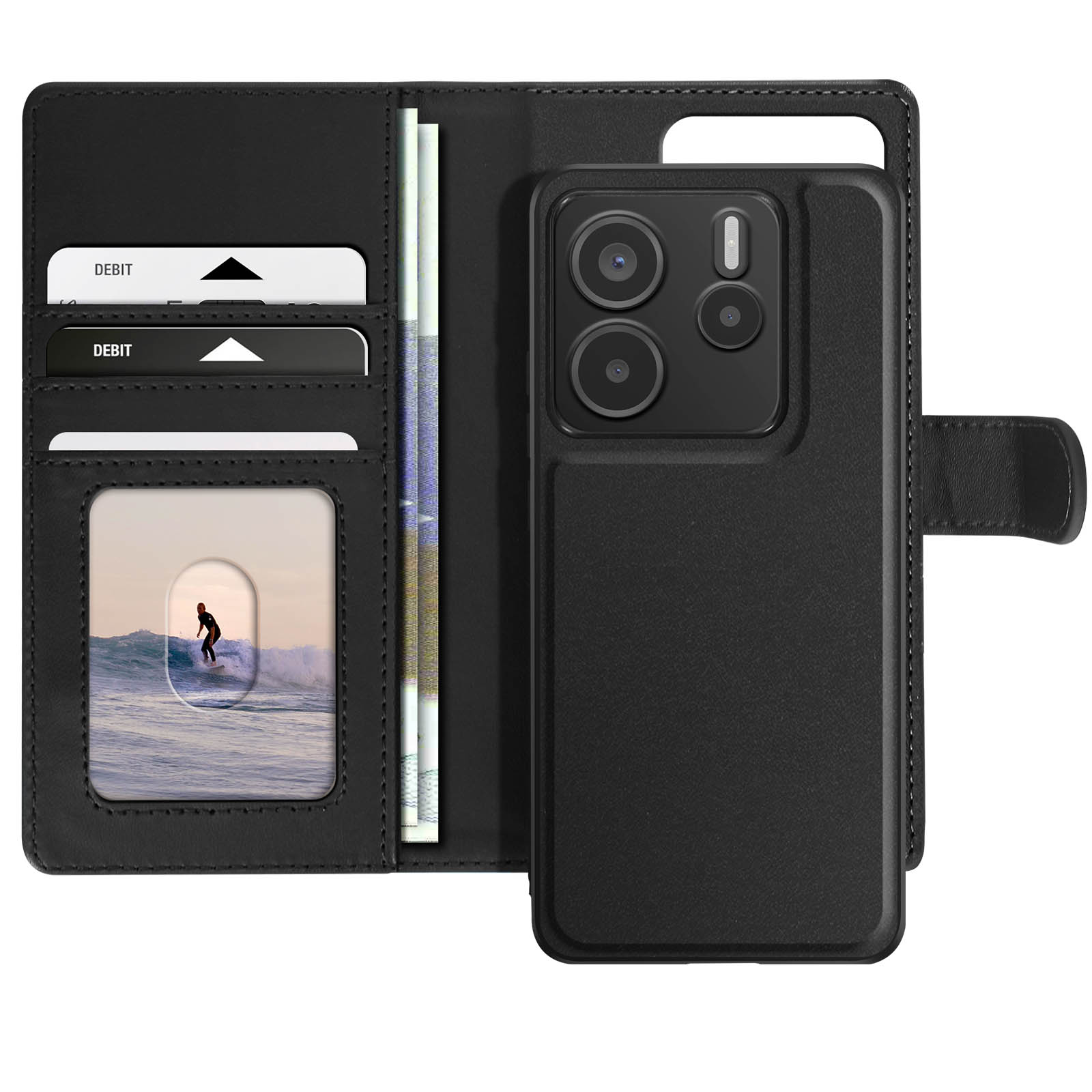 Custodia a portafoglio nera aperta con un telefono con più fotocamere. La custodia ha un logo di gatto.