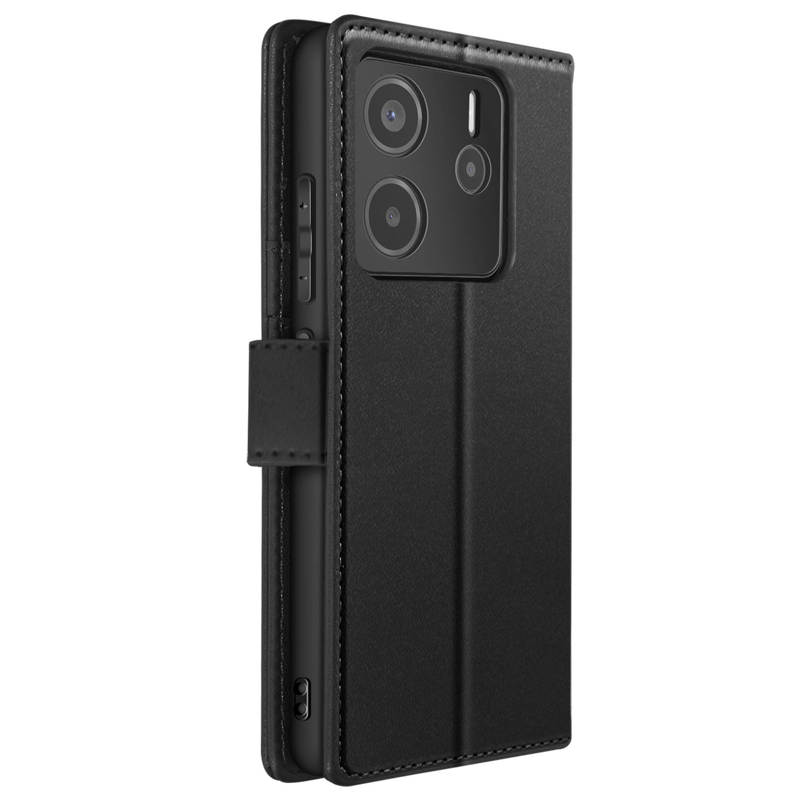 Custodia nera per telefono con ritagli per la fotocamera. La custodia è chiusa, che mostra il lato.