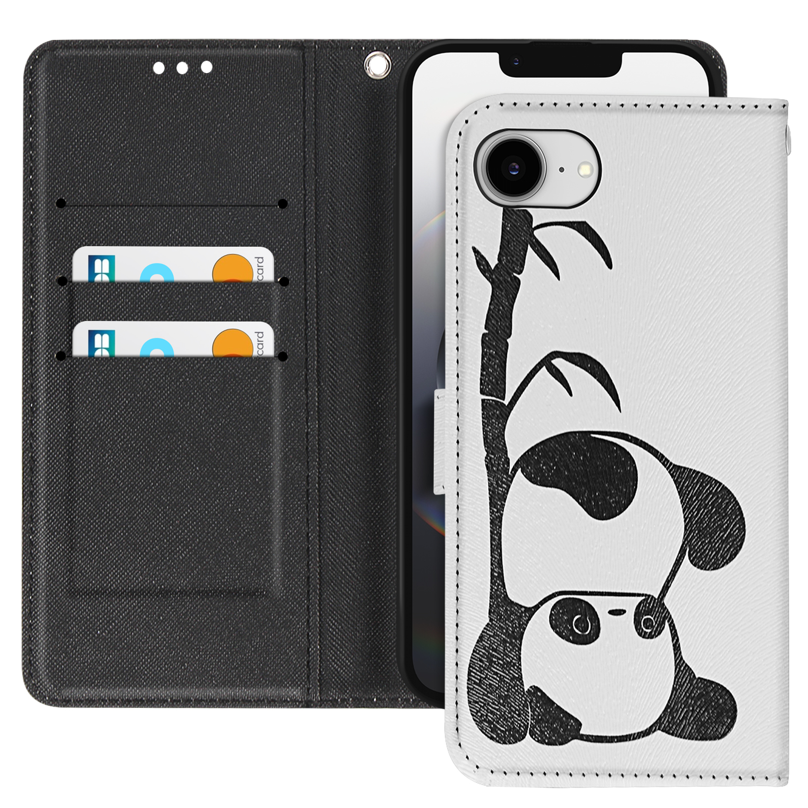 Coque blanche panda et portefeuille noir.