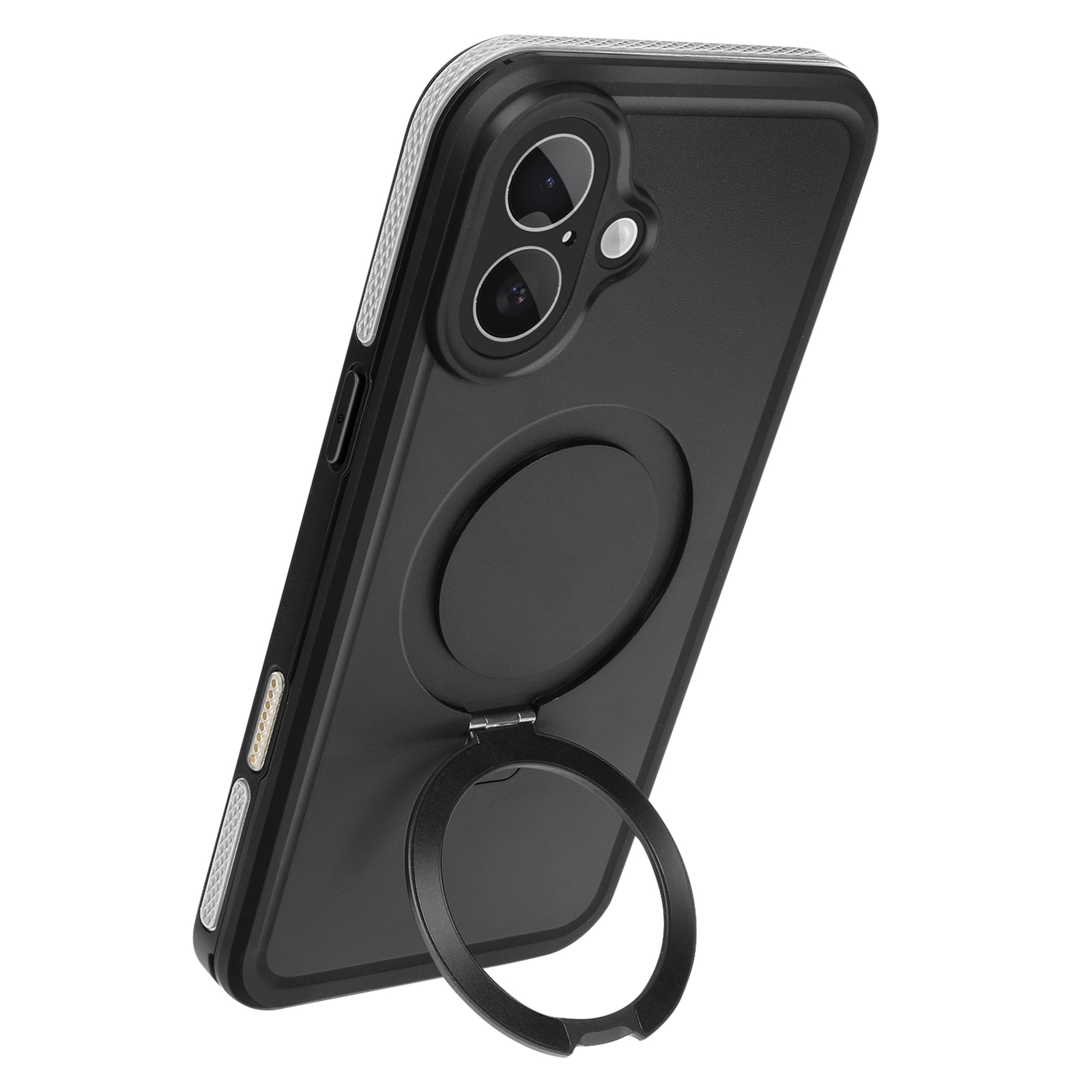 Custodia nera per telefono, con anello sul retro, inclinata. La custodia è nera, l'anello è aperto.