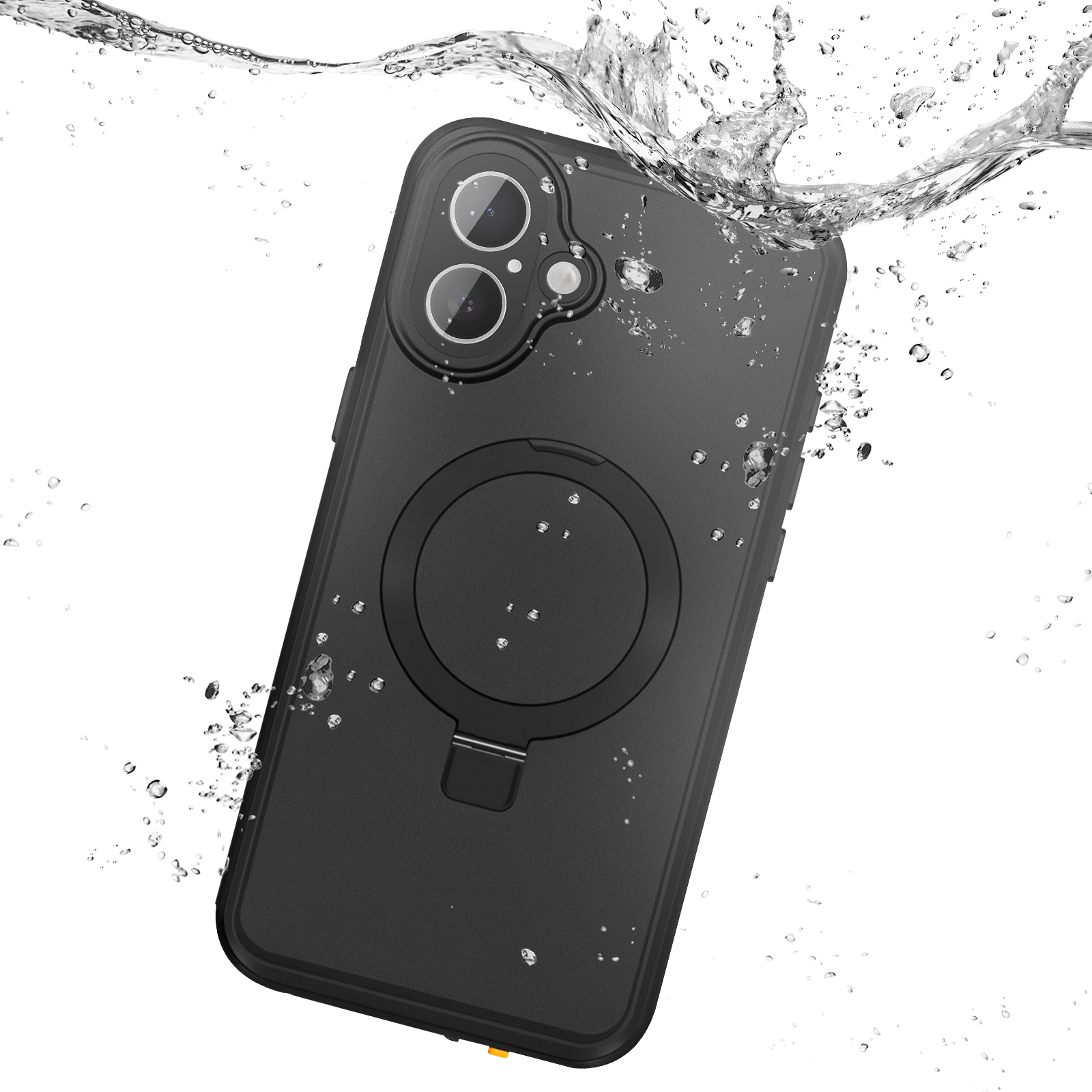 Custodia nera sott'acqua, con goccioline.