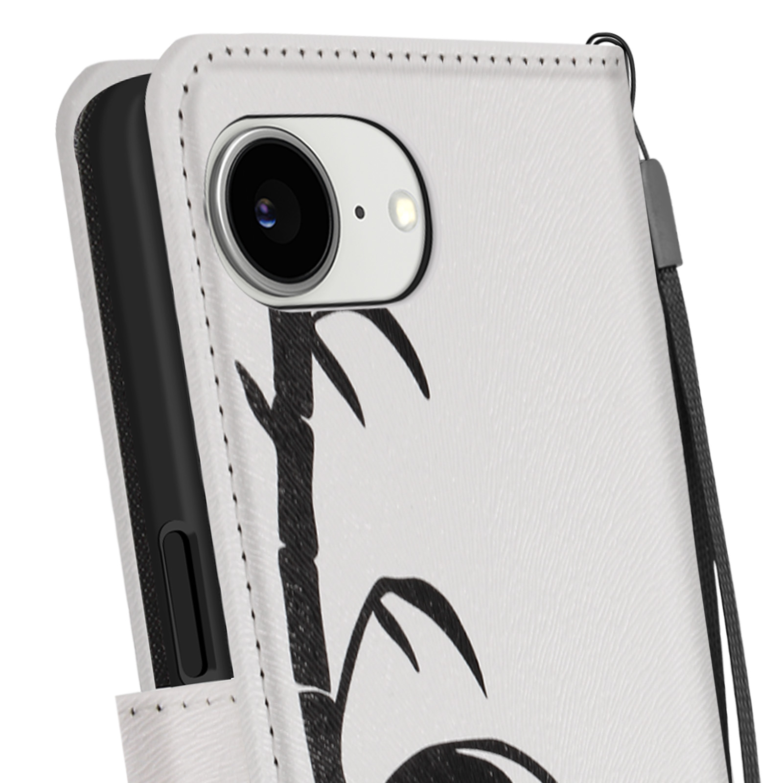 Coque blanche avec motif panda et bambou.