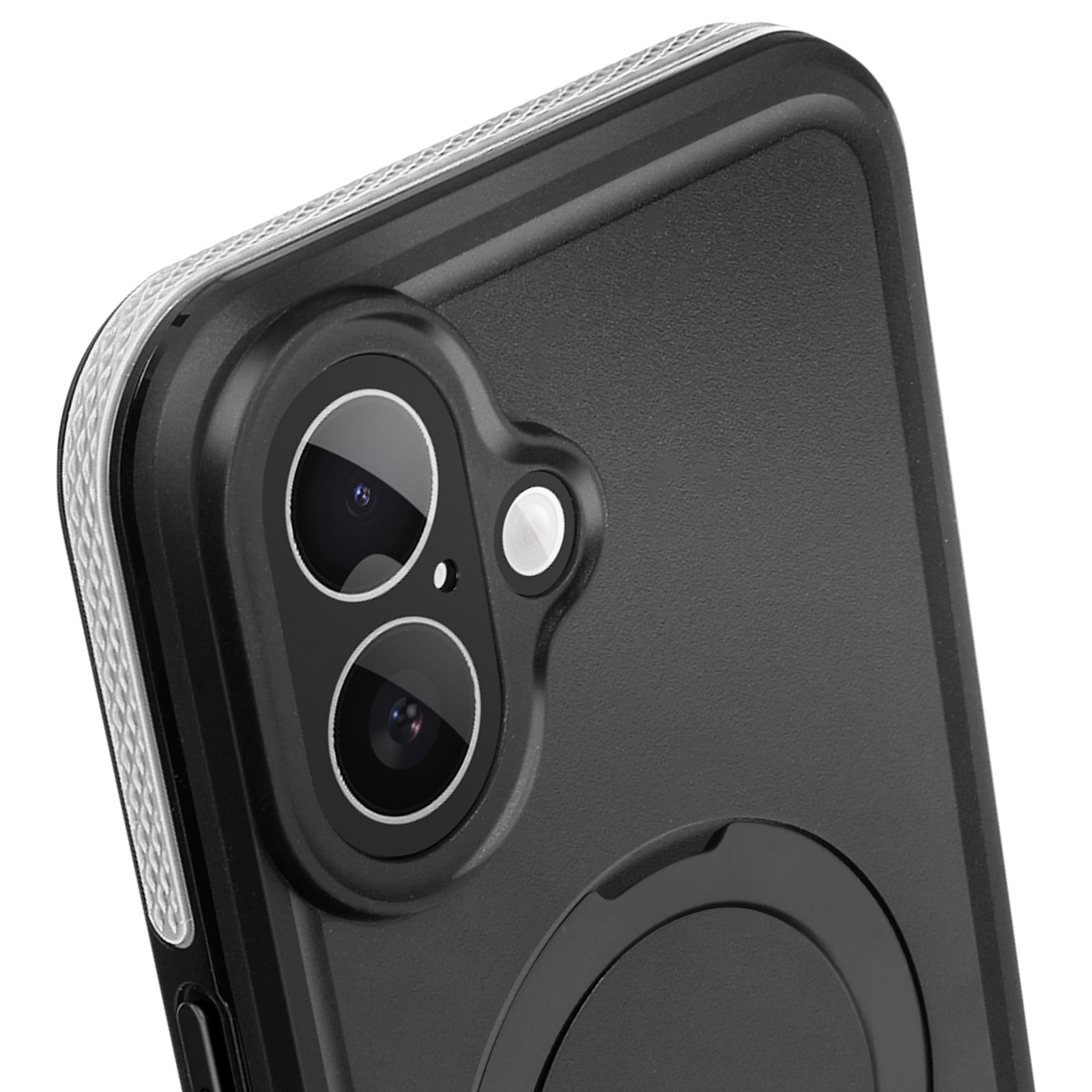 Primo piano di una custodia nera per telefono con due lenti della fotocamera. La custodia è nera con finiture argentate.