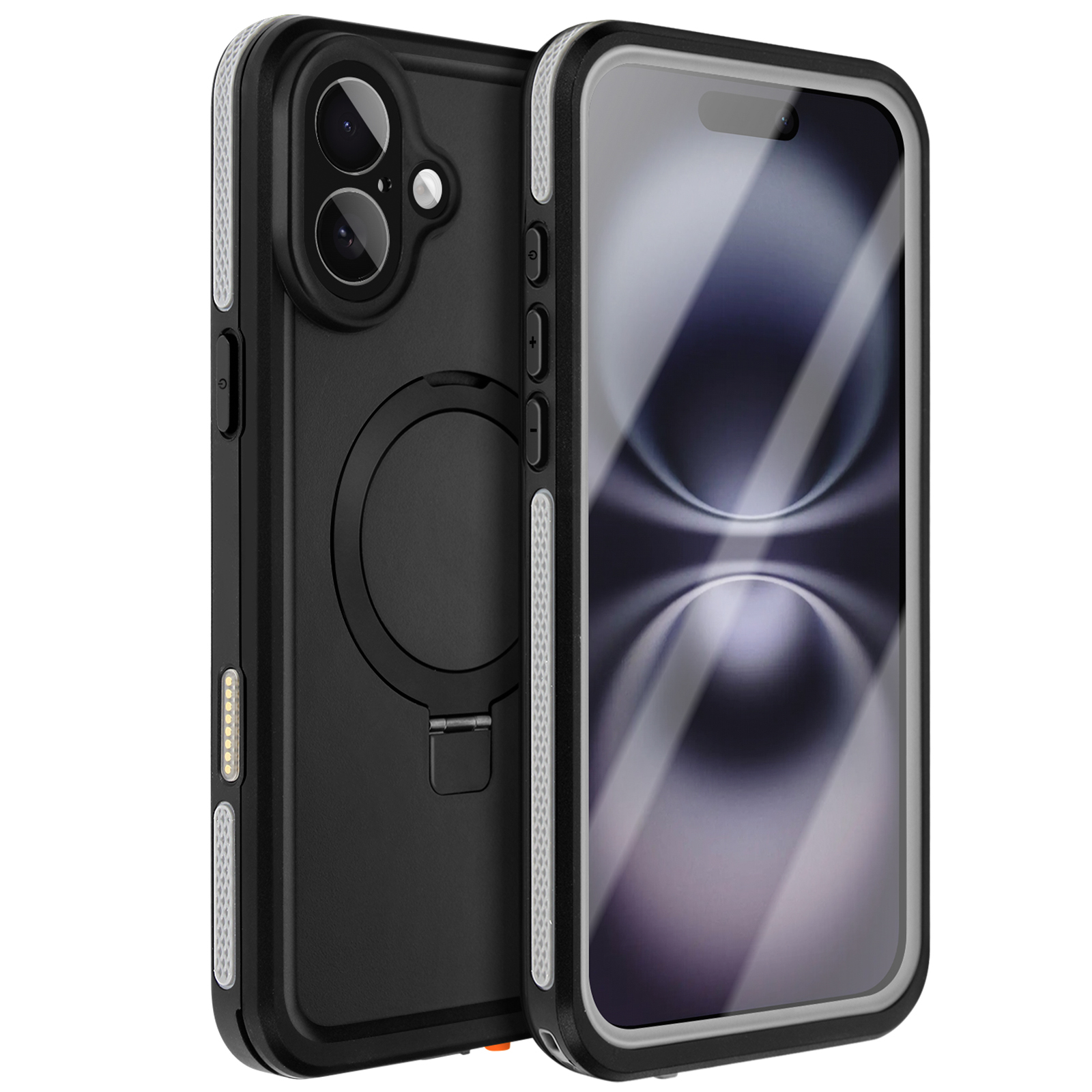Un telefono in una custodia nera e argento con cavalletto e anello per fotocamera.
