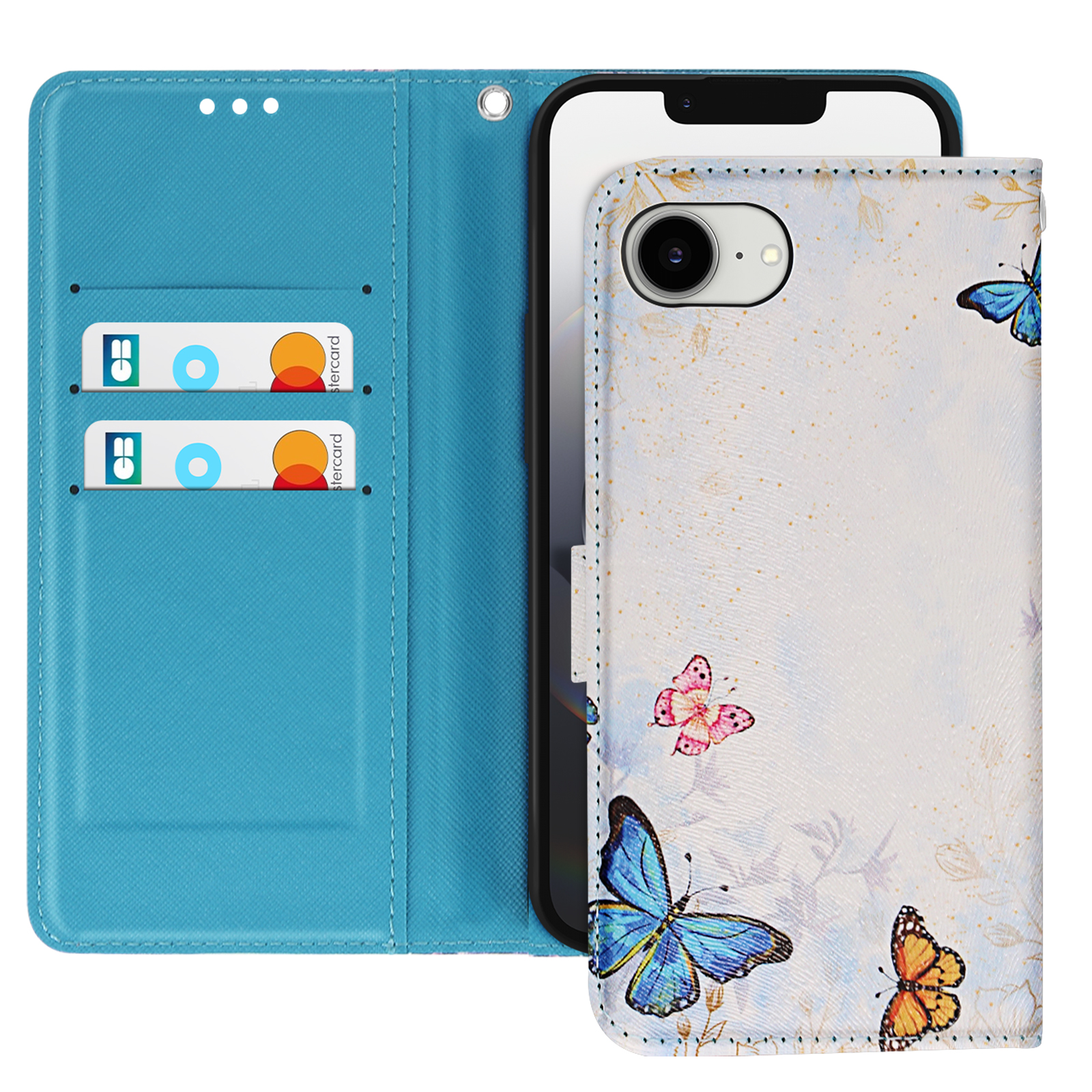 Blaues Schmetterlings-Handy-Case geöffnet. Zeigt Telefon, zwei Kartenfächer. Blumenmuster und Schmetterlinge.
