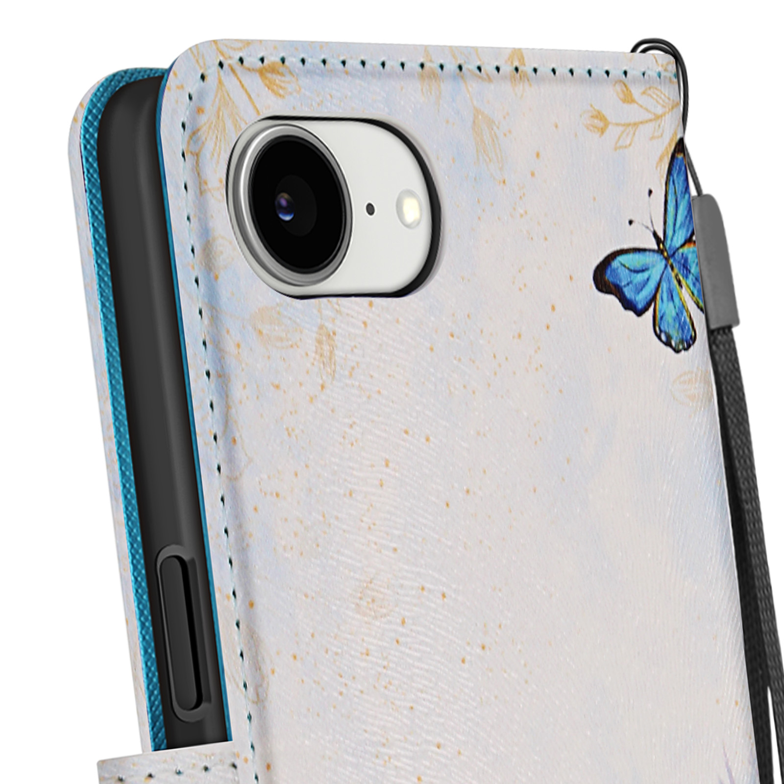 Handyhülle mit Schmetterling und Kamera. Blauer Schmetterling auf weißem Hintergrund.