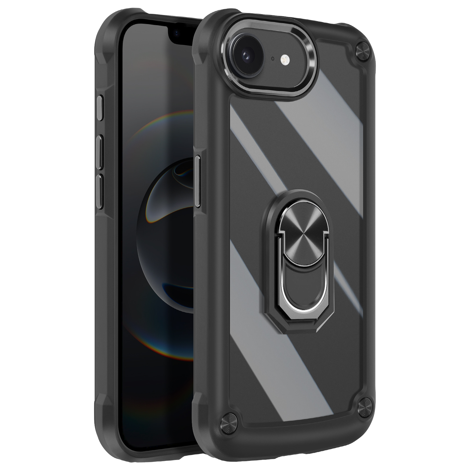 Una custodia per telefono nera con un telefono all'interno. Ha un anello per fotocamera e un supporto per anello.