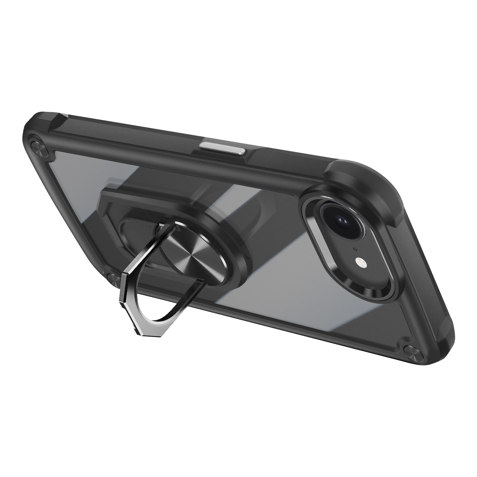 Custodia per telefono nera, supporto ad anello. Telefono ad angolo, anello aperto e utilizzato come supporto.