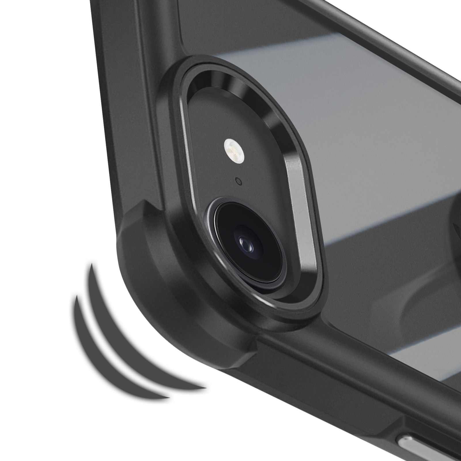 Primo piano delle fotocamere del telefono in una custodia trasparente. La custodia ha una cornice rialzata attorno alle lenti.