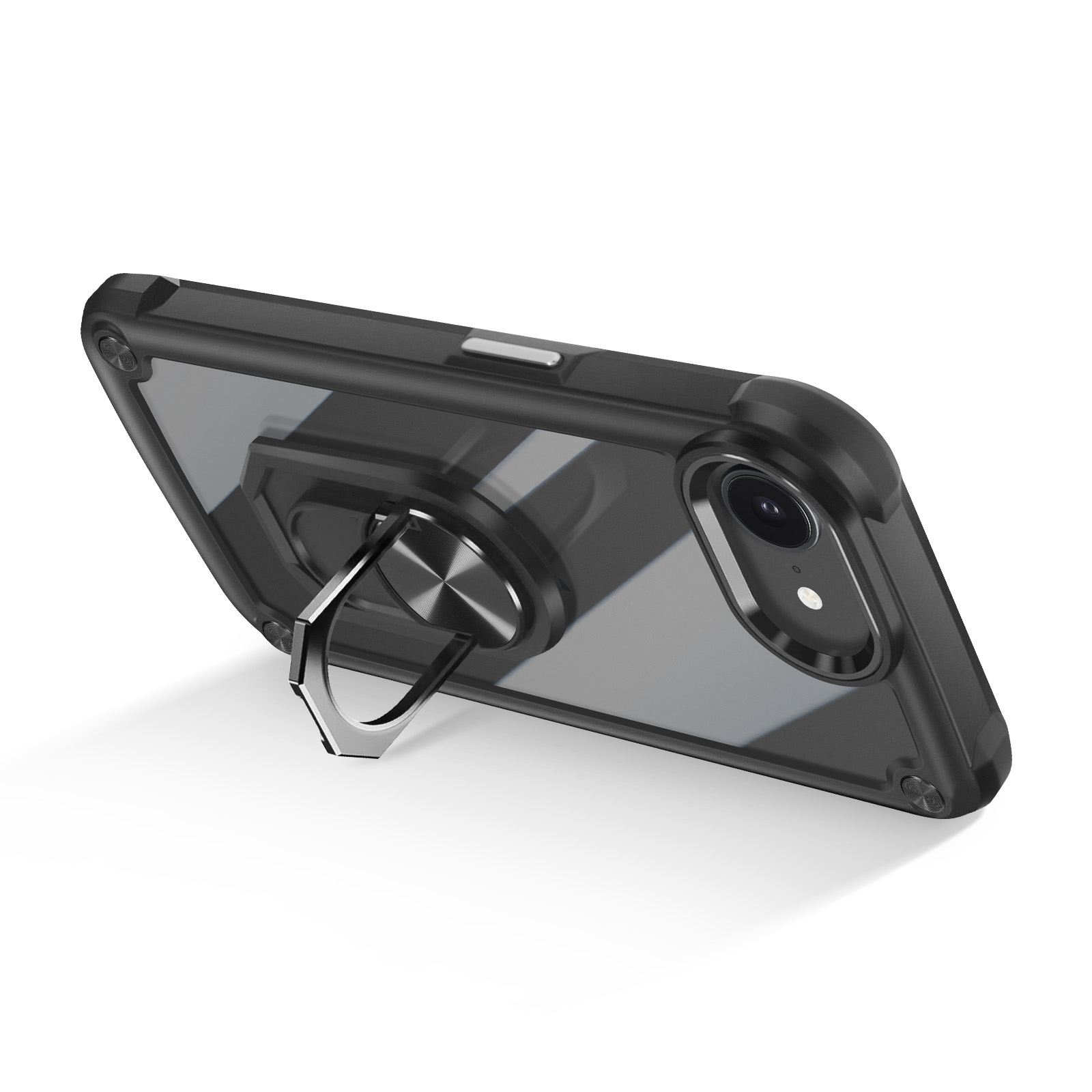 Custodia del telefono con anello di supporto. Custodia nera, anello argentato e retro trasparente.