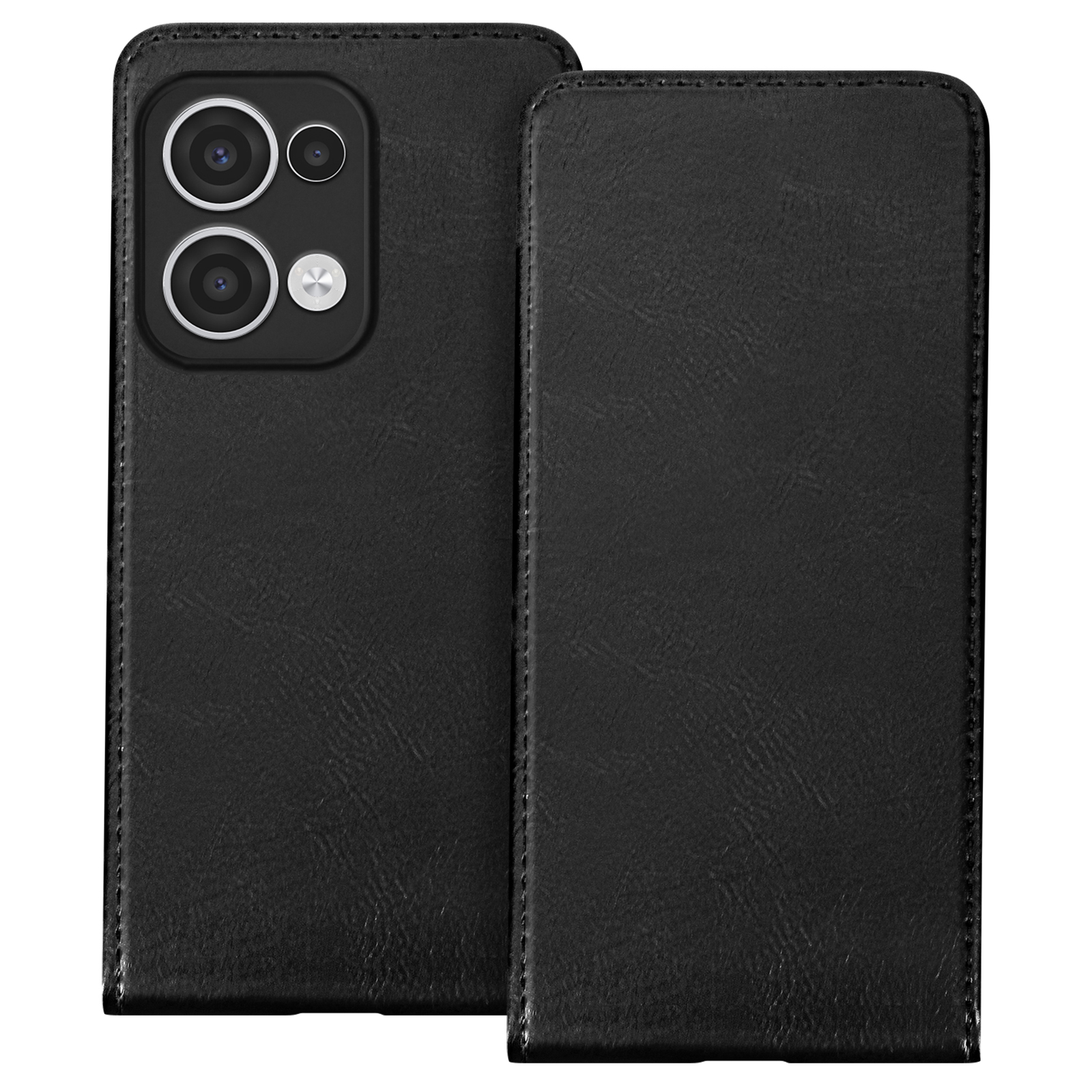 Custodia per telefono con coperchio chiuso. Custodia in pelle nera con due lenti della fotocamera.