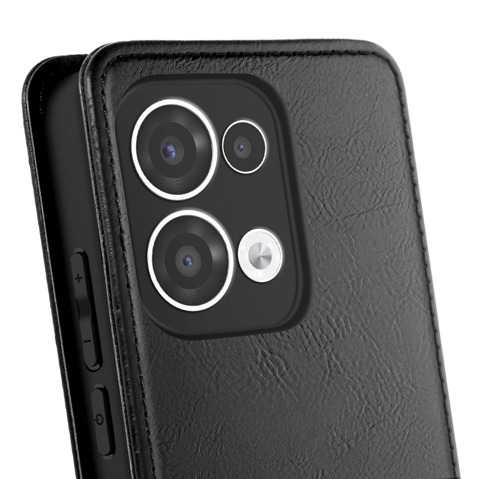 Custodia per telefono in pelle nera con due fotocamere. Il telefono è nero, con custodia in pelle nera.