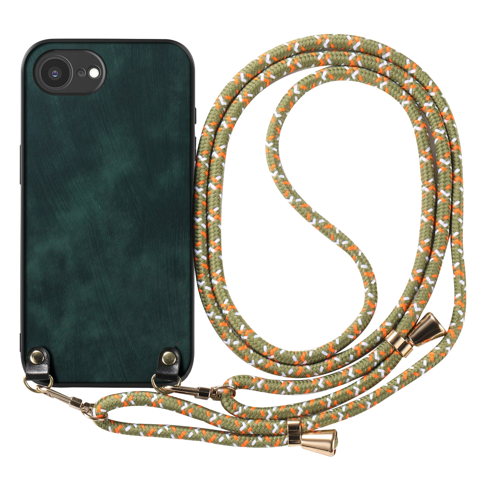 Custodia per telefono verde con cinturino. Cinturino verde e bianco attaccato al telefono. Chiusure dorate.