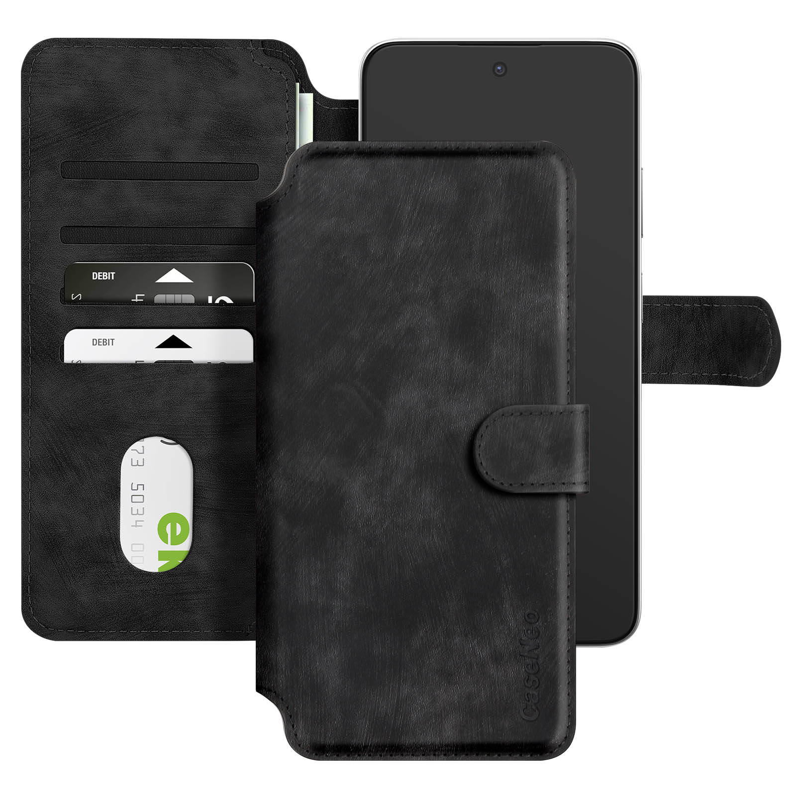 Custodia per telefono in pelle nera, aperta. Mostra telefono, fessure per carte e carte di debito. Chiusura a bottone.