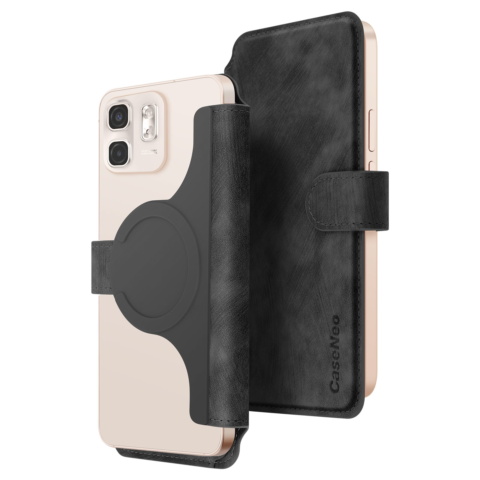 Custodia nera con cinturino nero. Telefono con fotocamere visibili, sfondo bianco.