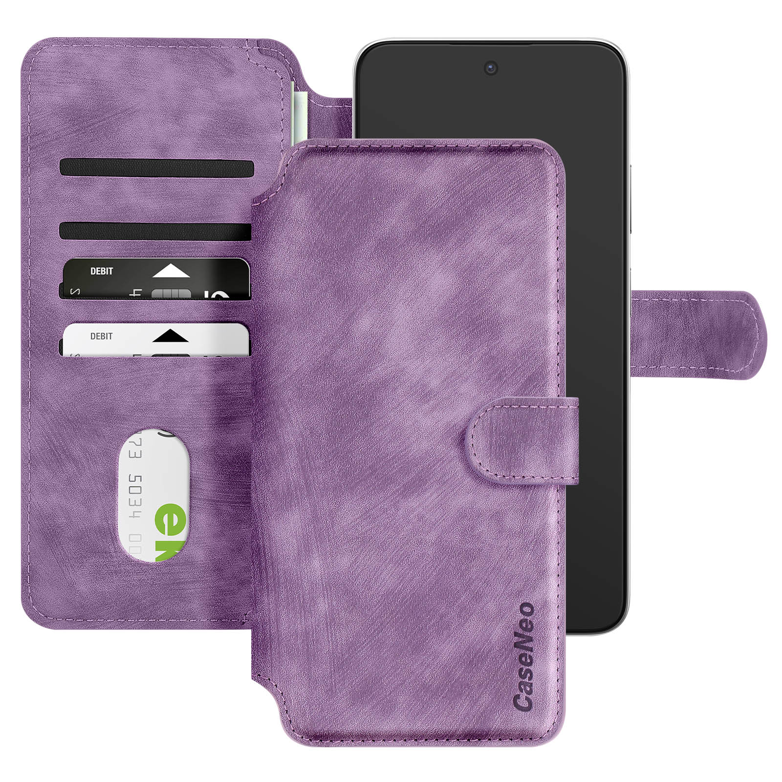 Custodia per telefono viola, aperta. Mostra telefono, fessure per carte e carte di debito. Chiusura a bottone.