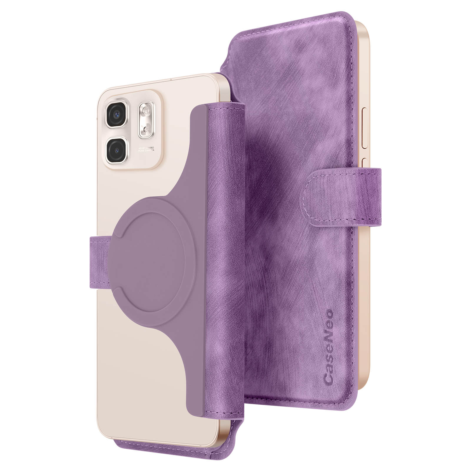 Custodia viola per telefono con telefono. Aletta magnetica aperta. Sfondo bianco.