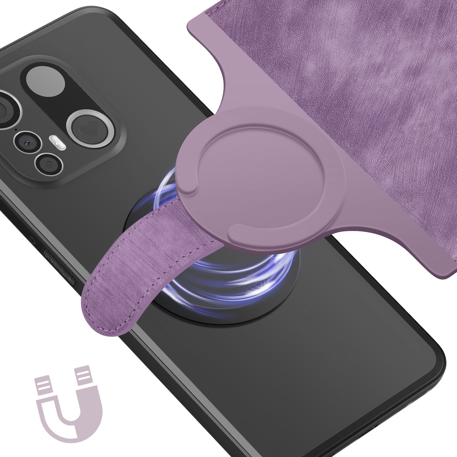 Una custodia per telefono con un supporto ad anello viola e un telefono nero. Sfondo bianco.