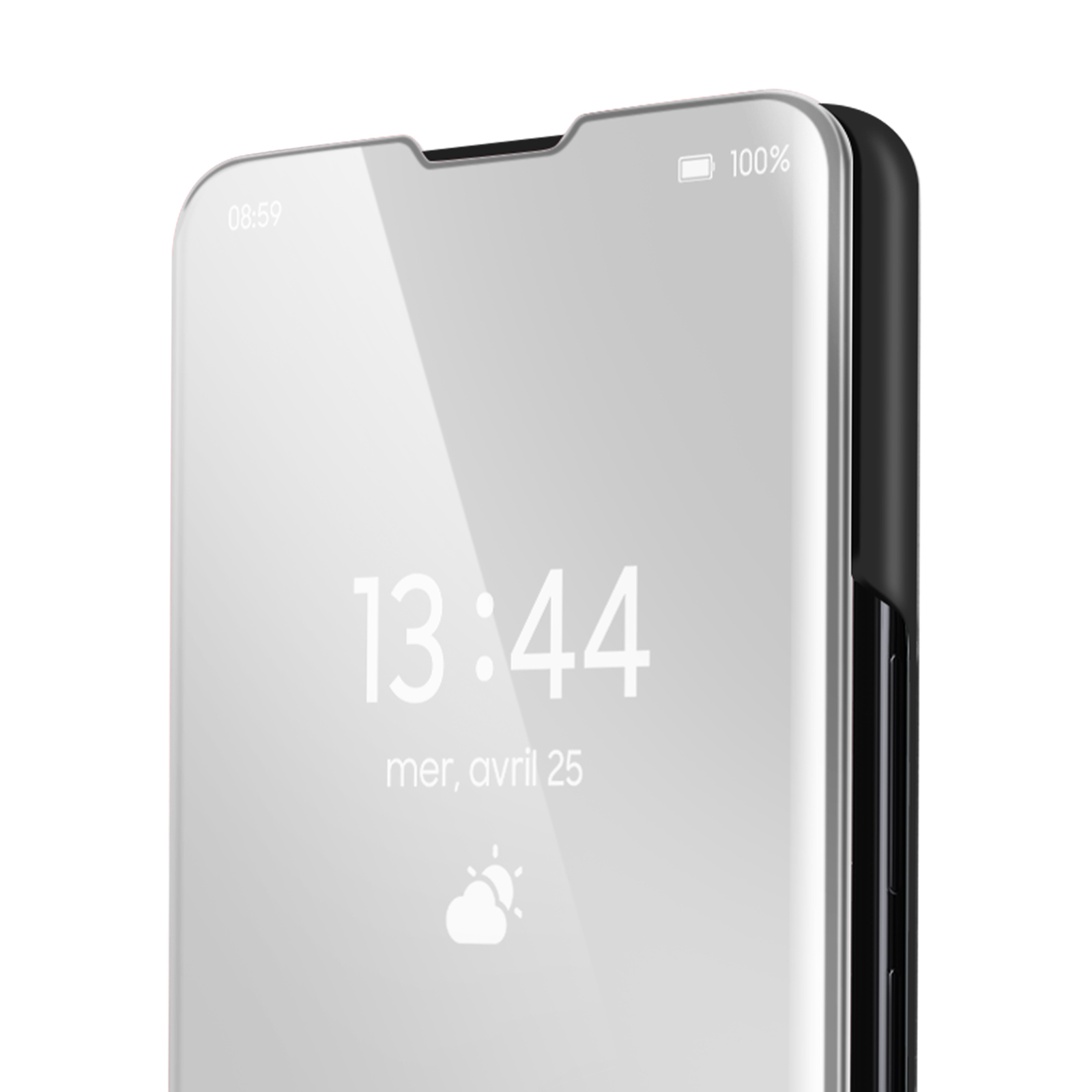 Telefono con cover a specchio che mostra ora e percentuale della batteria.