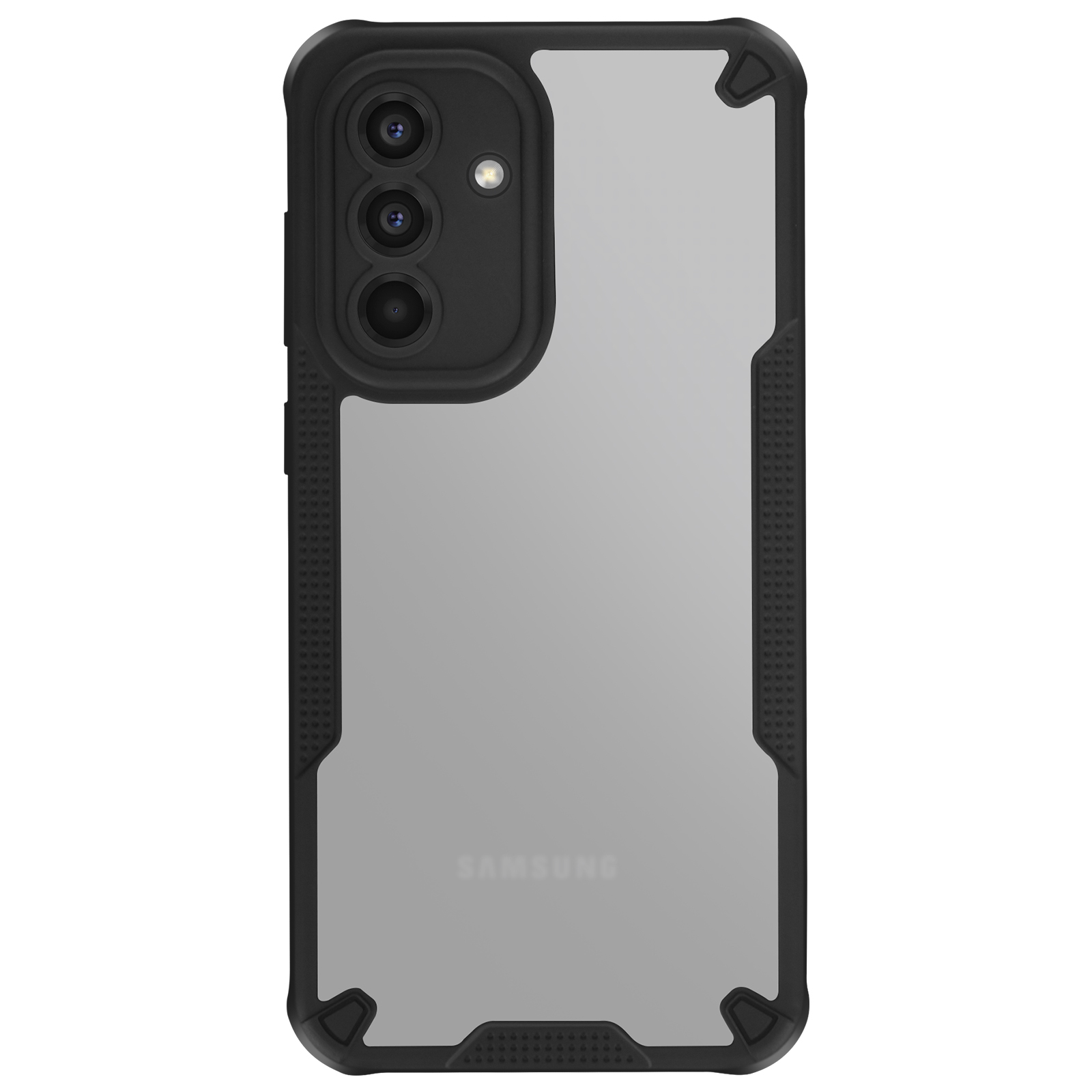 Custodia nera con retro trasparente, lenti nere. Logo Samsung visibile.