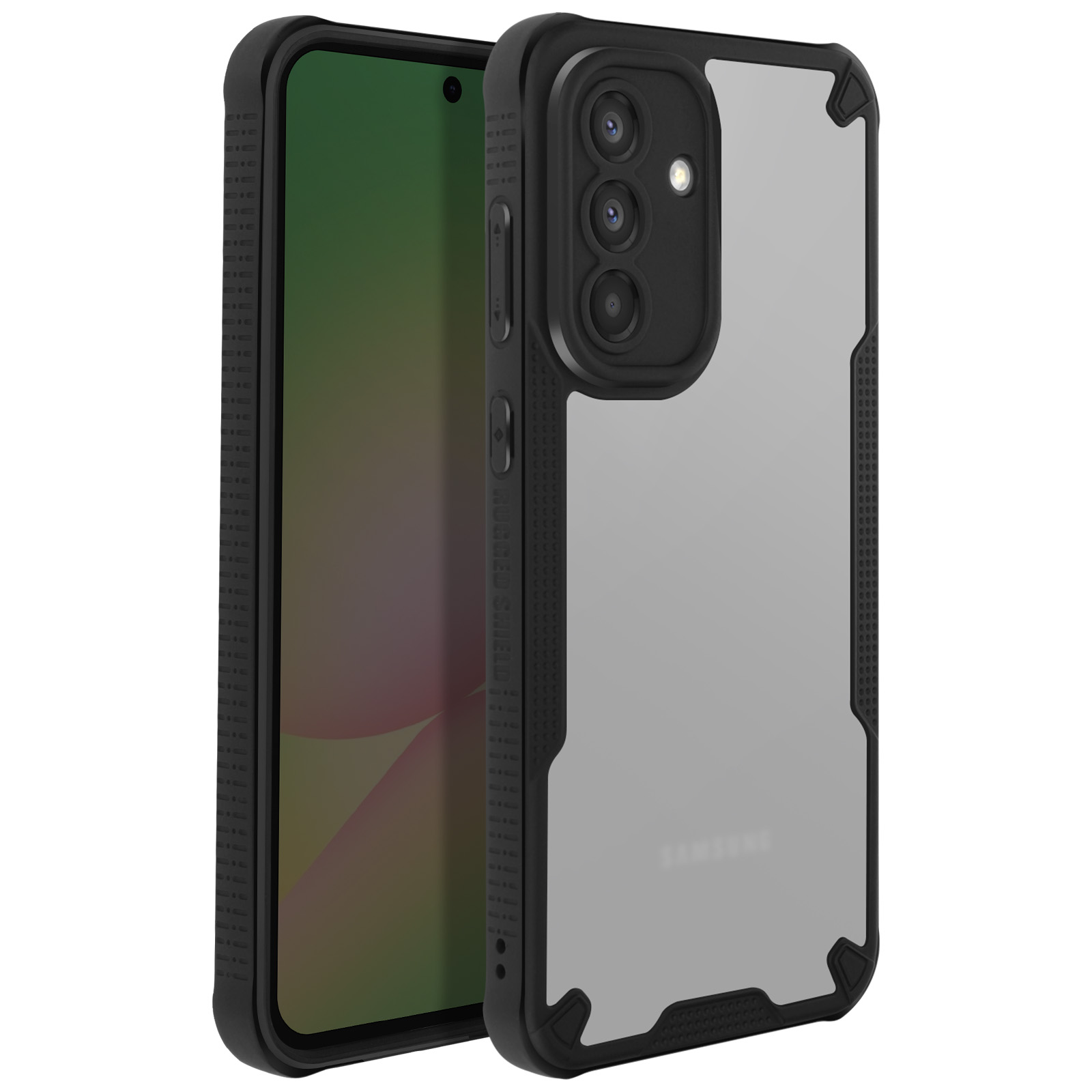 Telefono nero con custodia nera, retro trasparente. Tre obiettivi della fotocamera visibili.