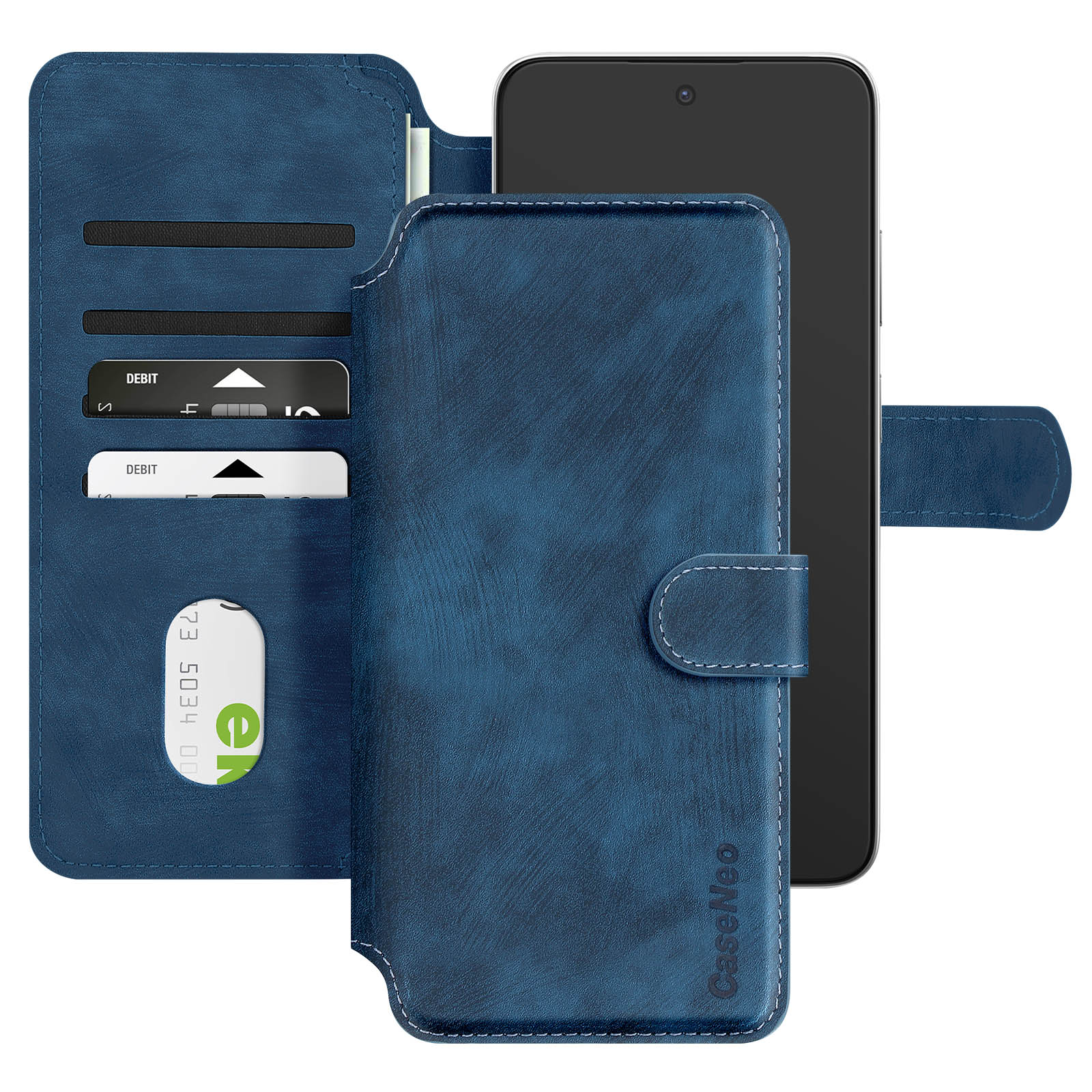 Custodia blu per telefono con design a portafoglio, che contiene telefono, carte e una carta di debito.
