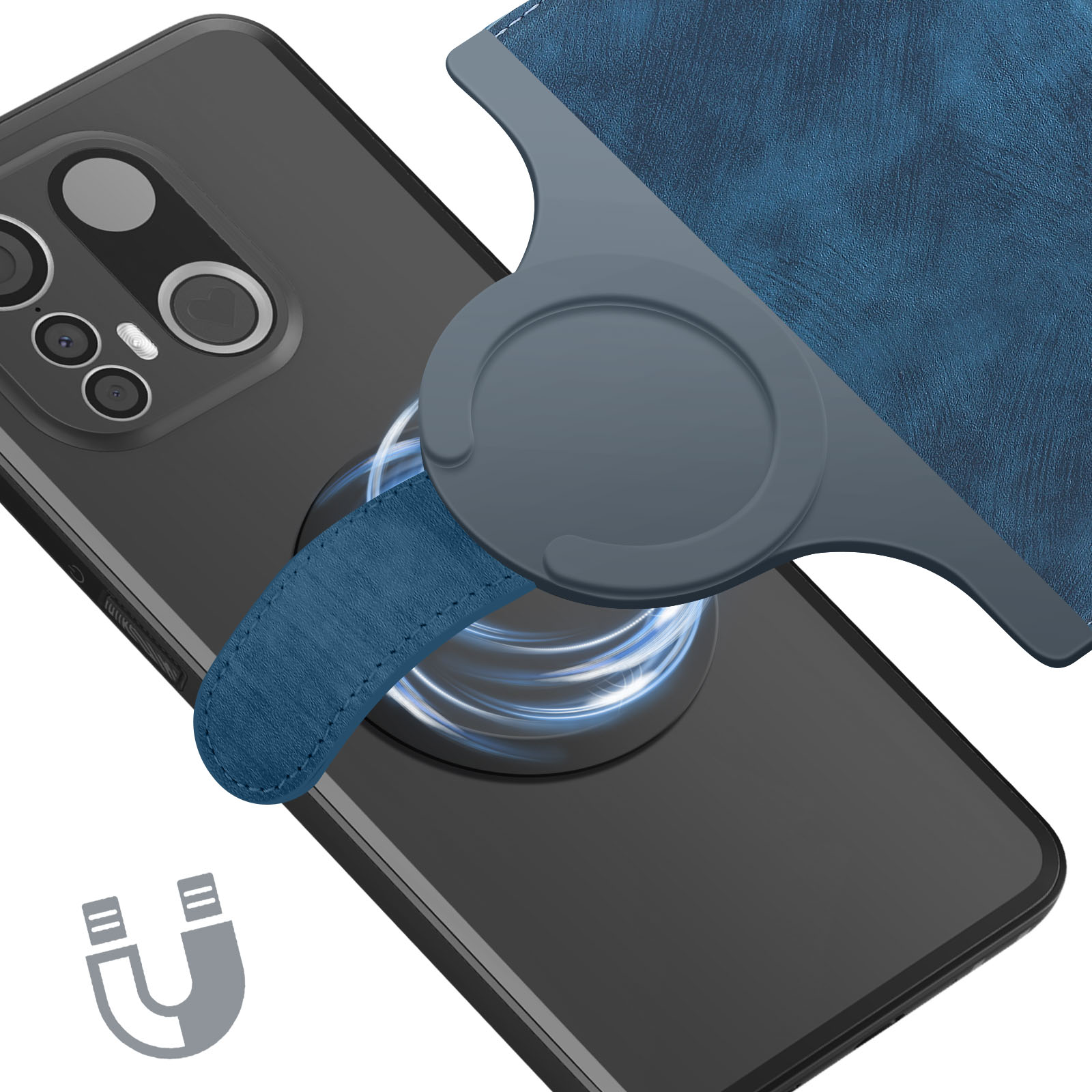 Una custodia per telefono blu con un telefono nero e un supporto ad anello magnetico.