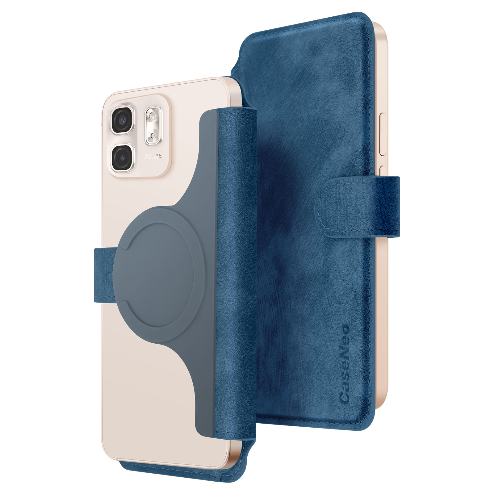 Custodia blu per telefono con porta carte, angolata, che mostra un telefono all'interno.