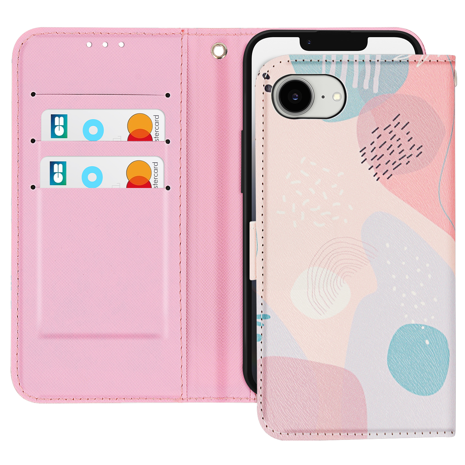 Custodia rosa aperta con carte e un telefono dentro.