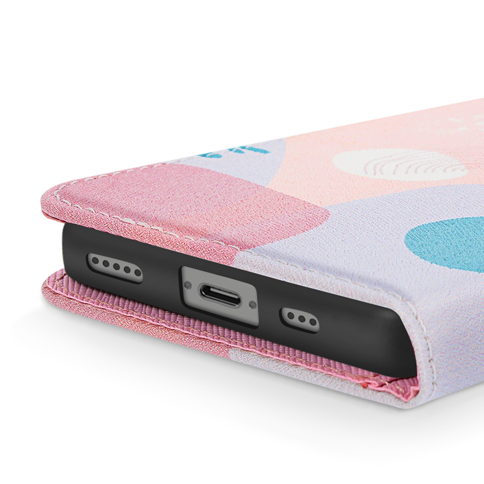 Primo piano di una custodia per telefono con un design astratto rosa e blu.
