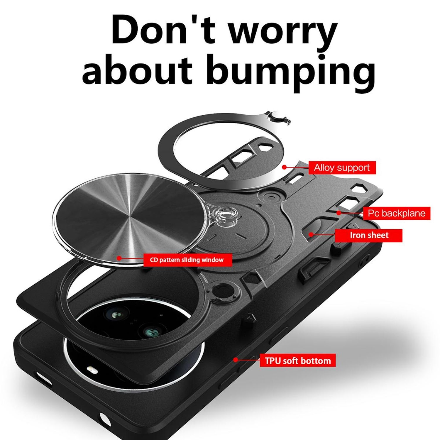 Funda de teléfono negra con soporte de anillo y el texto “Don’t worry about bumping”. Tiene el teléfono dentro.