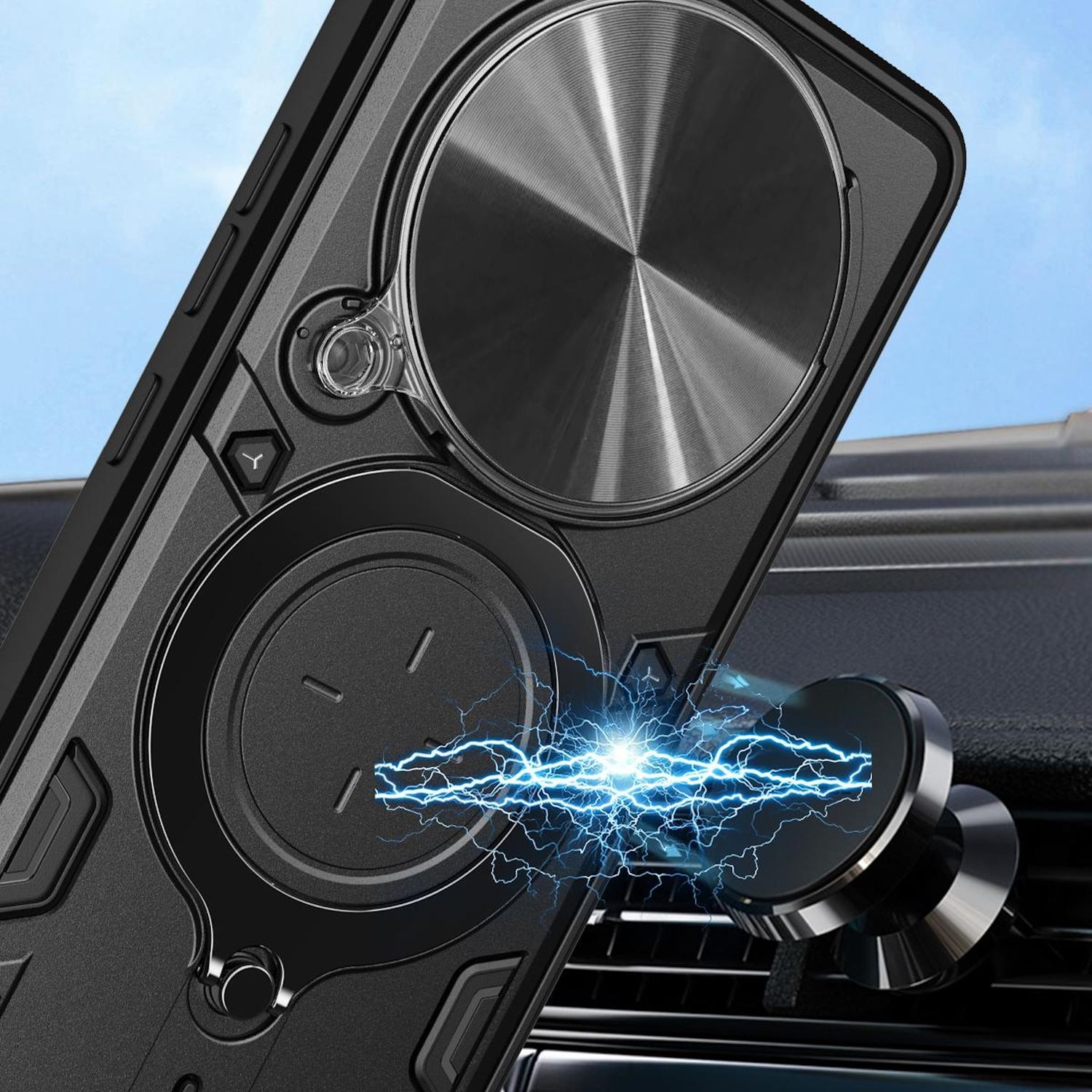 Funda negra con soporte magnético en la ventilación del coche. Efecto de relámpago azul.