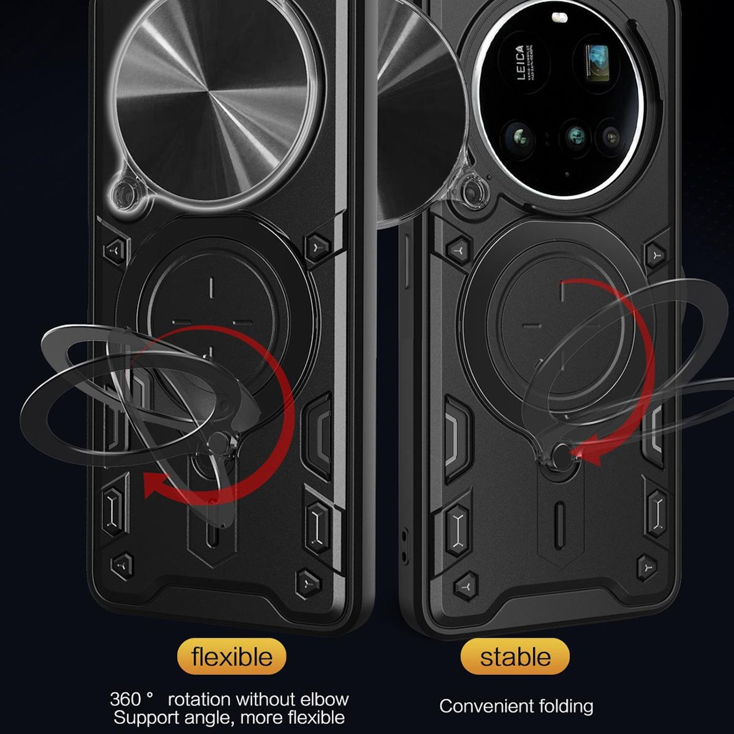 Fundas de teléfono negras con soportes de anillo. Una muestra un anillo giratorio, otra un anillo cerrado.