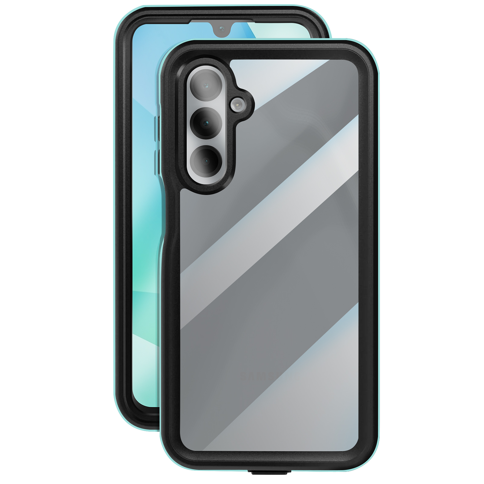 Un téléphone dans un étui bleu canard et noir, vu de côté, avec un dos transparent.