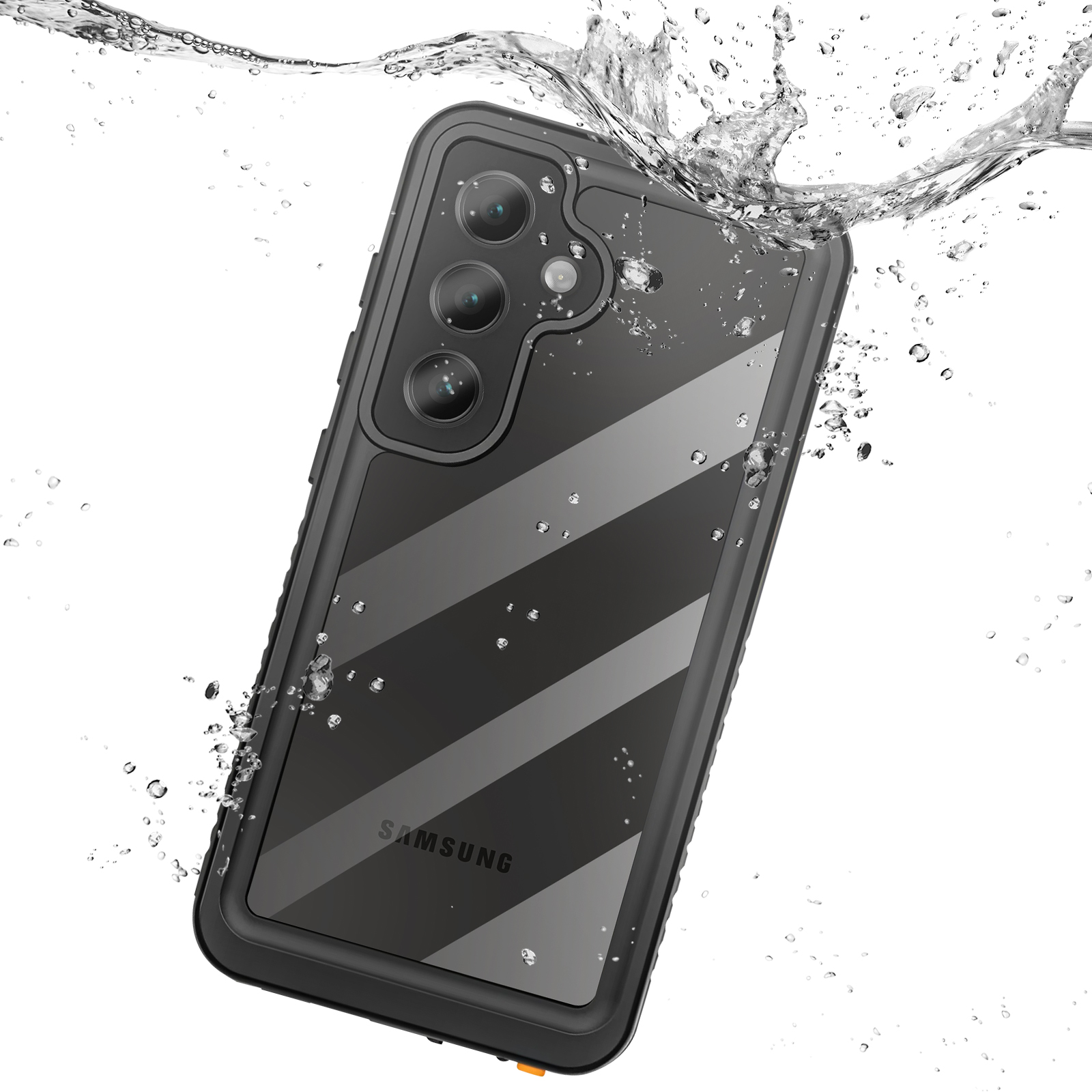 Telefono in custodia nera con goccioline d'acqua, spruzzi d'acqua.