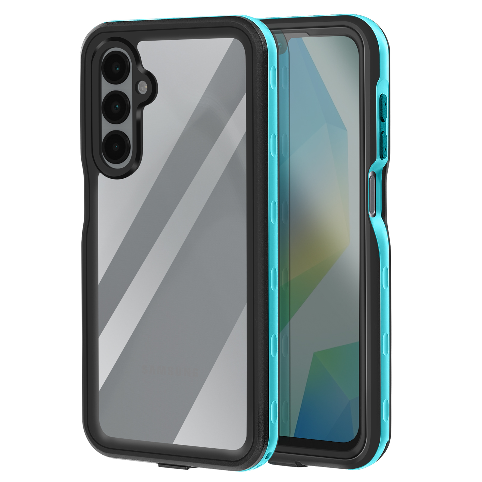 Deux téléphones dans des étuis bleus et noirs. L'un est visible, l'autre derrière.