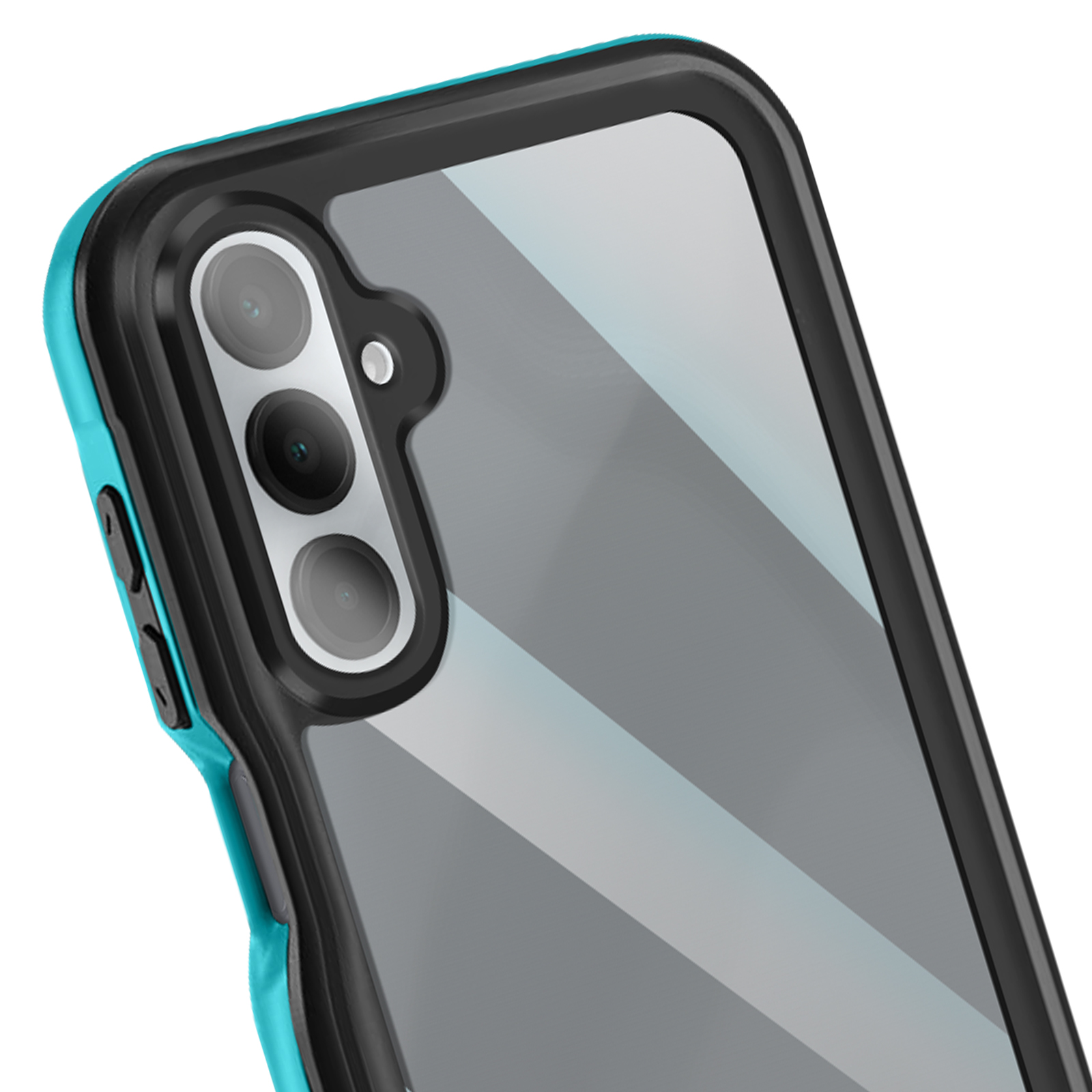 Coque de téléphone, bleue et noire, avec découpes pour l'appareil photo. La coque est transparente.