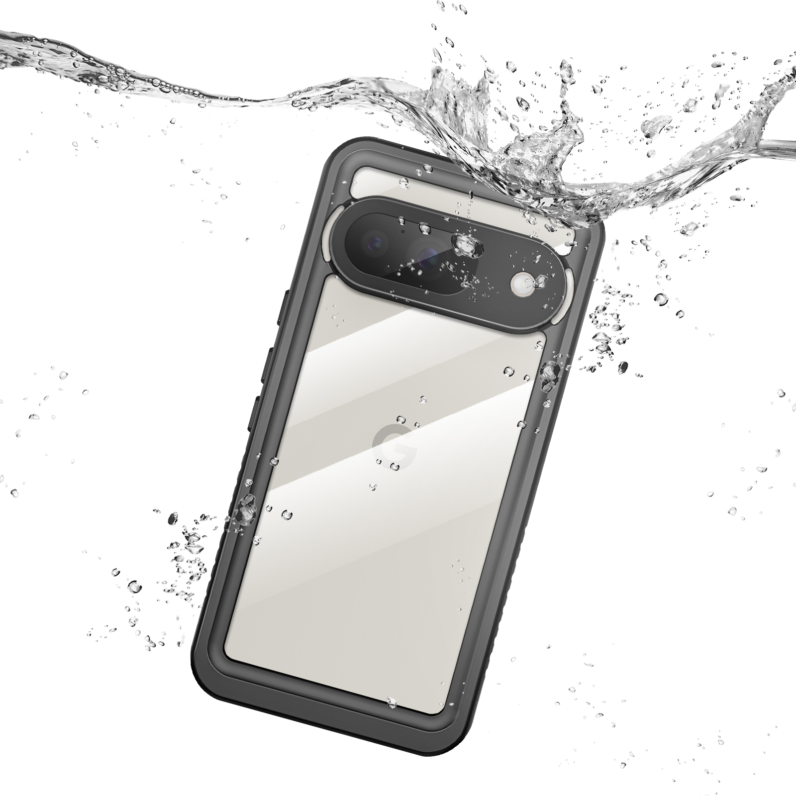 Telefono in custodia nera con goccioline d'acqua, spruzzi d'acqua.