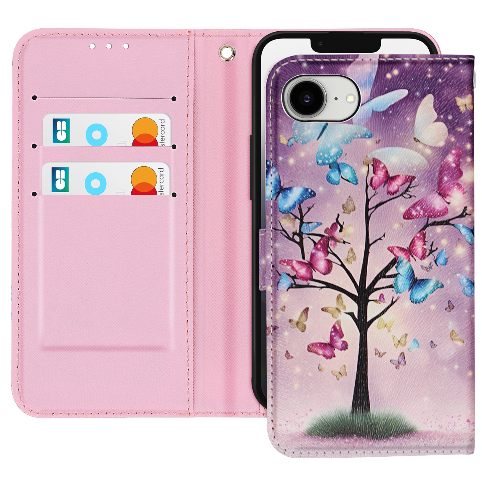 Una custodia a portafoglio rosa per telefono con un design di albero e farfalle e carte di credito.