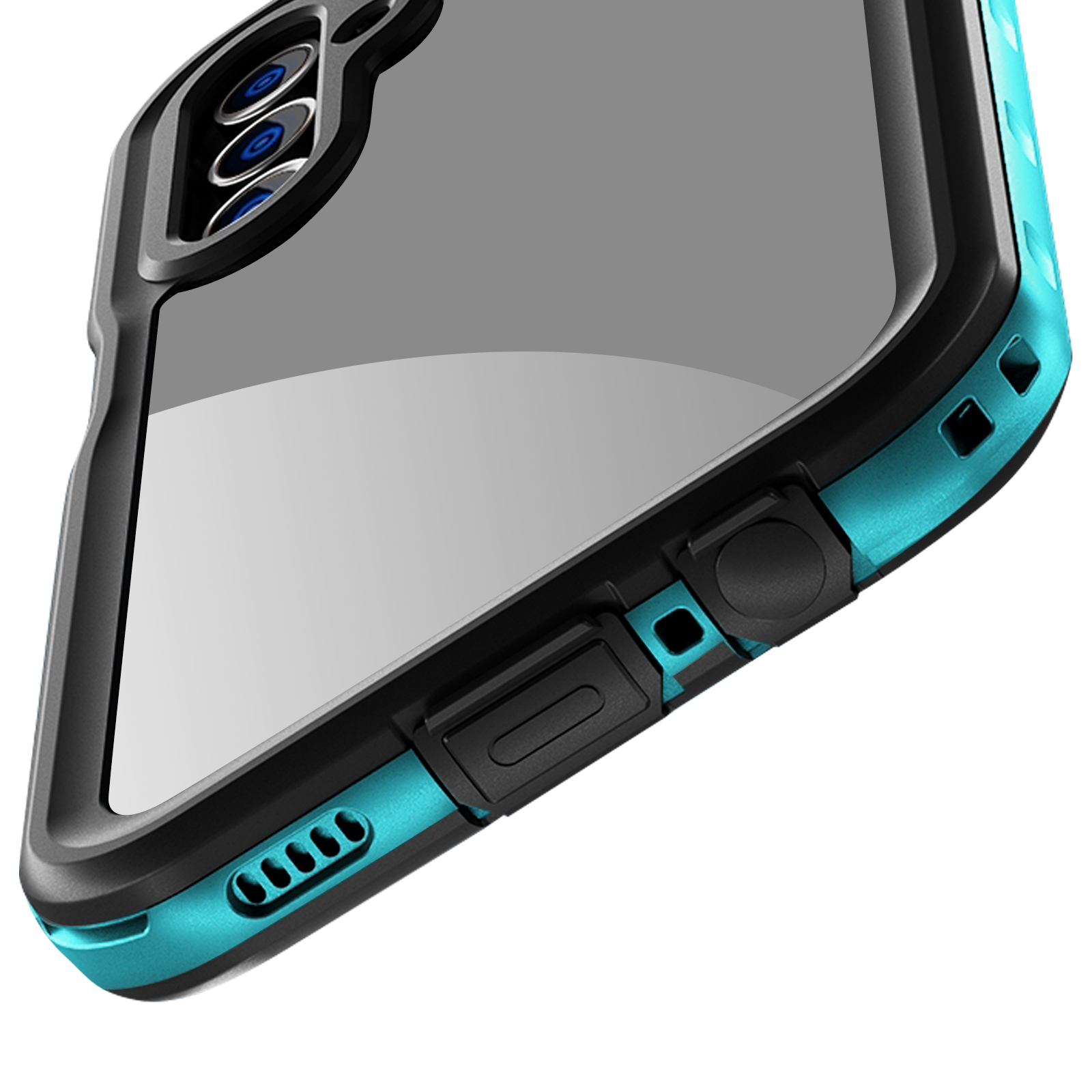 Gros plan sur le coin d'un étui de téléphone avec un cadre noir et des accents bleus.