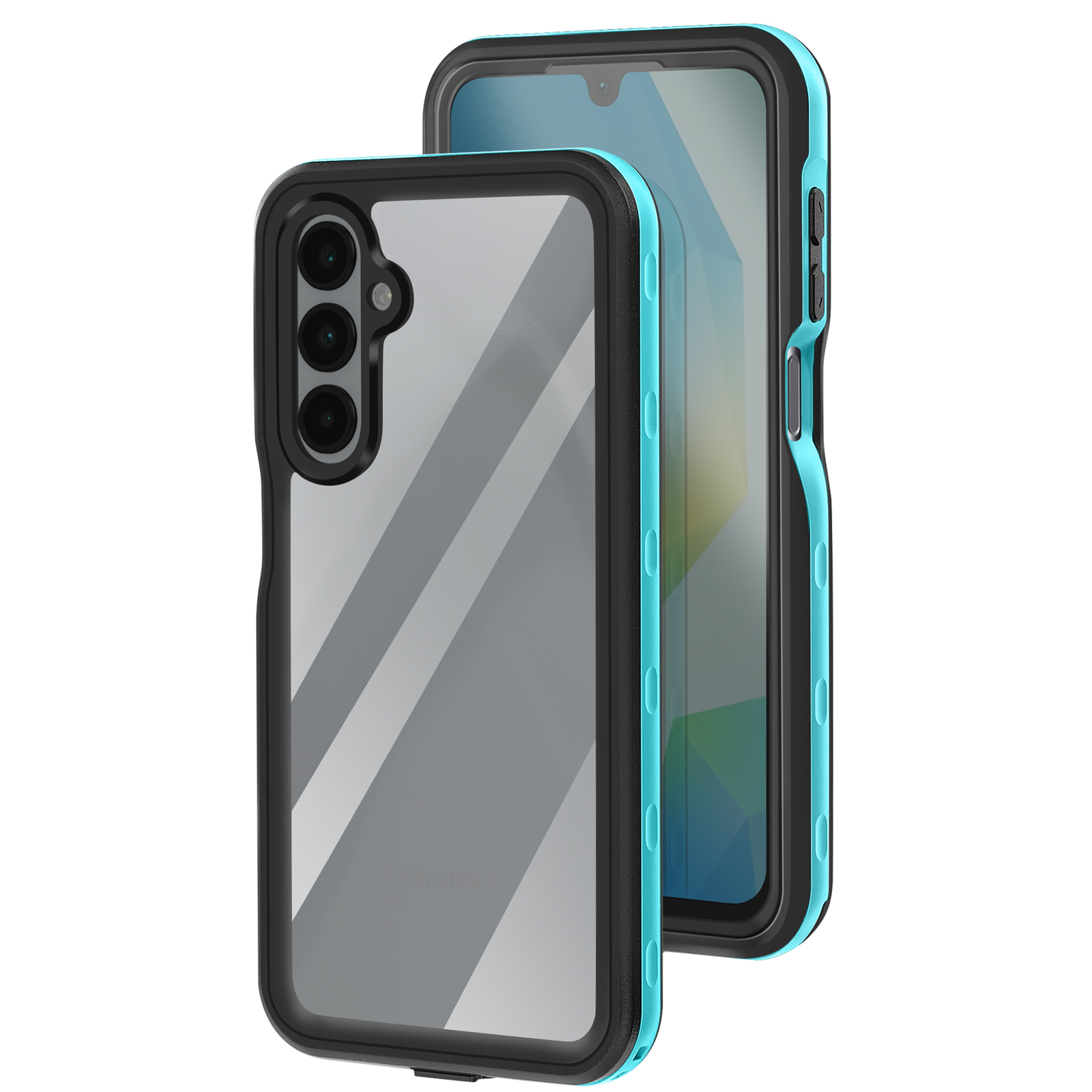 Deux étuis de téléphone. Un noir et bleu, l'autre avec un dos transparent et un cadre noir. Les deux ont un écran et une découpe pour l'appareil photo.