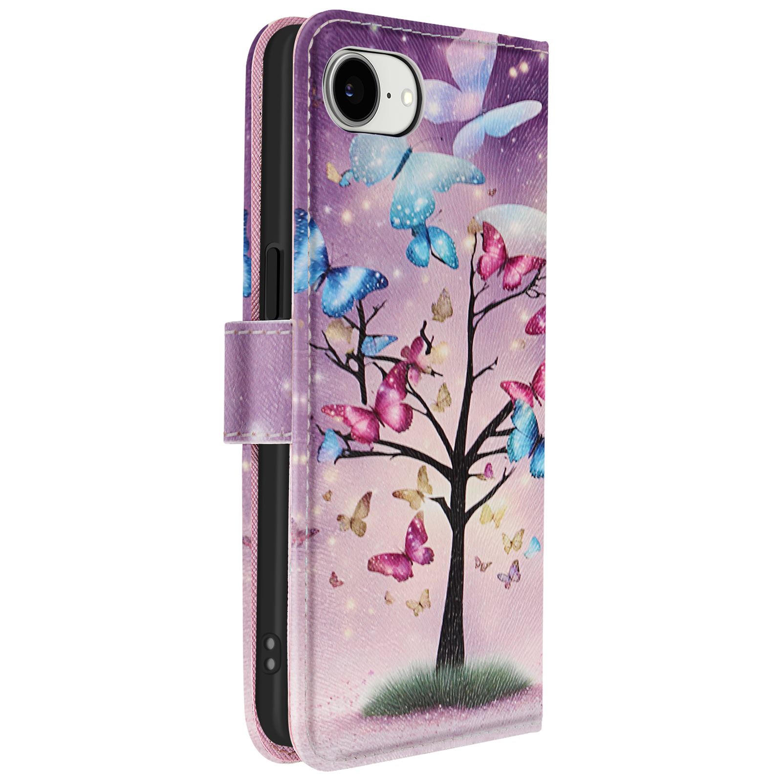 Una custodia per telefono con un design ad albero di farfalle, con farfalle rosa e blu su sfondo viola.