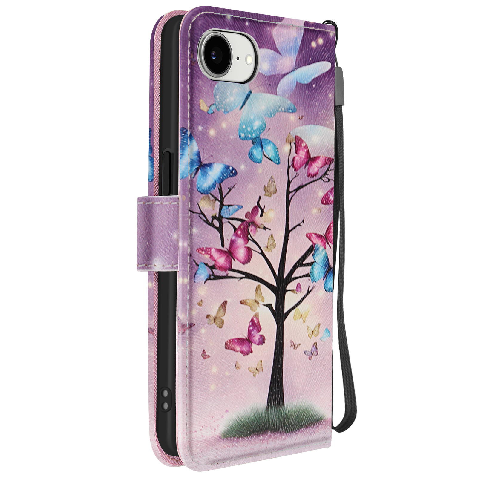 Custodia viola per telefono con design ad albero di farfalle. Include cinturino e chiusura magnetica. Farfalle rosa, blu e gialle.