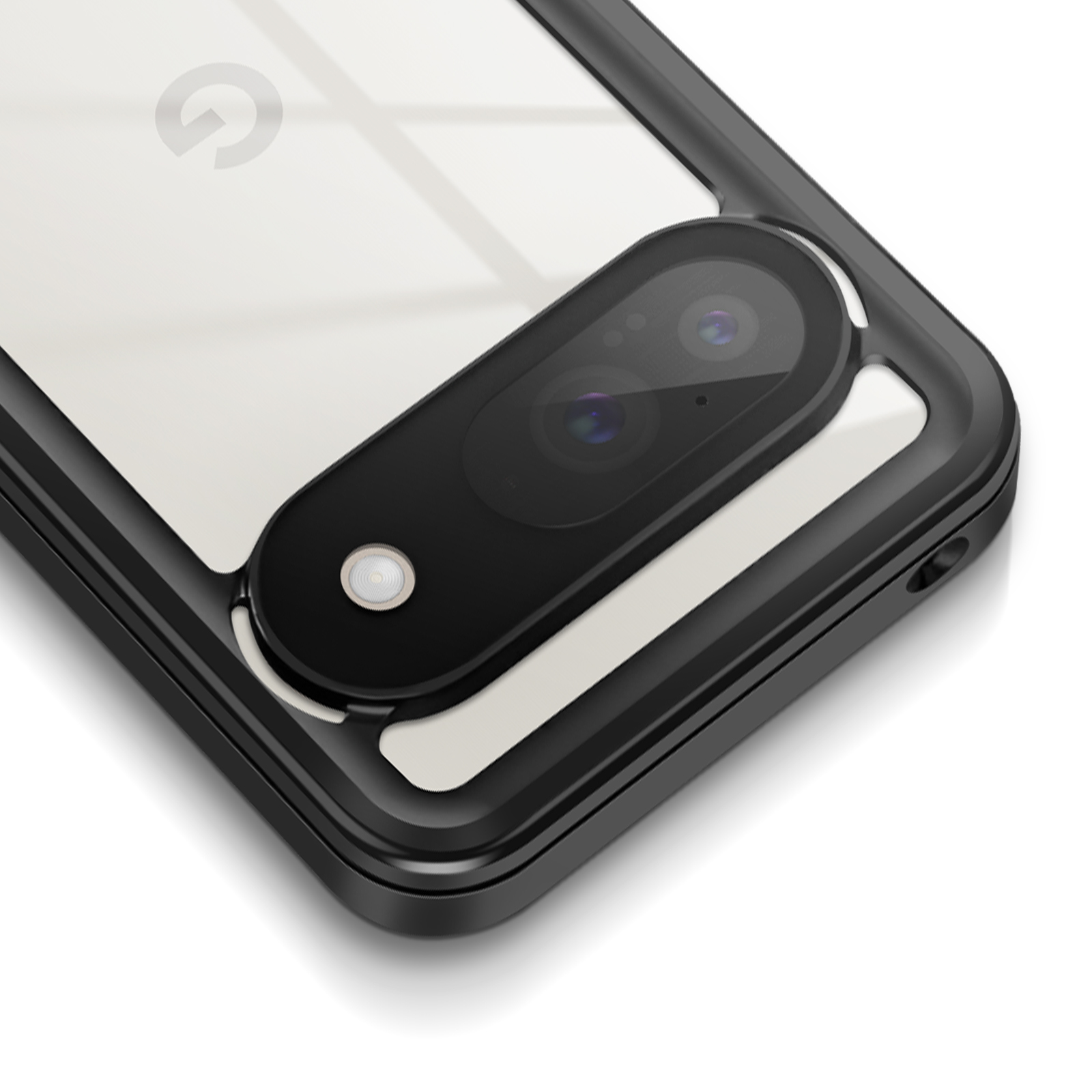 Una custodia nera per telefono con blocco fotocamera nero con due obiettivi e un flash.