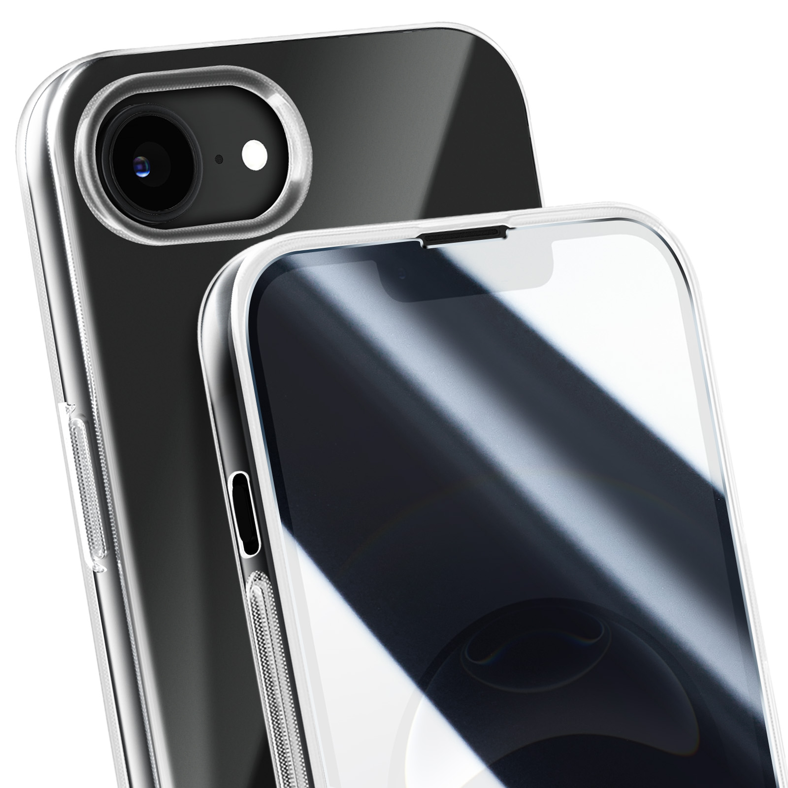 Telefoon in een doorzichtige hoes. Transparante achterkant, toont de achterkant van de telefoon. Witte achtergrond.