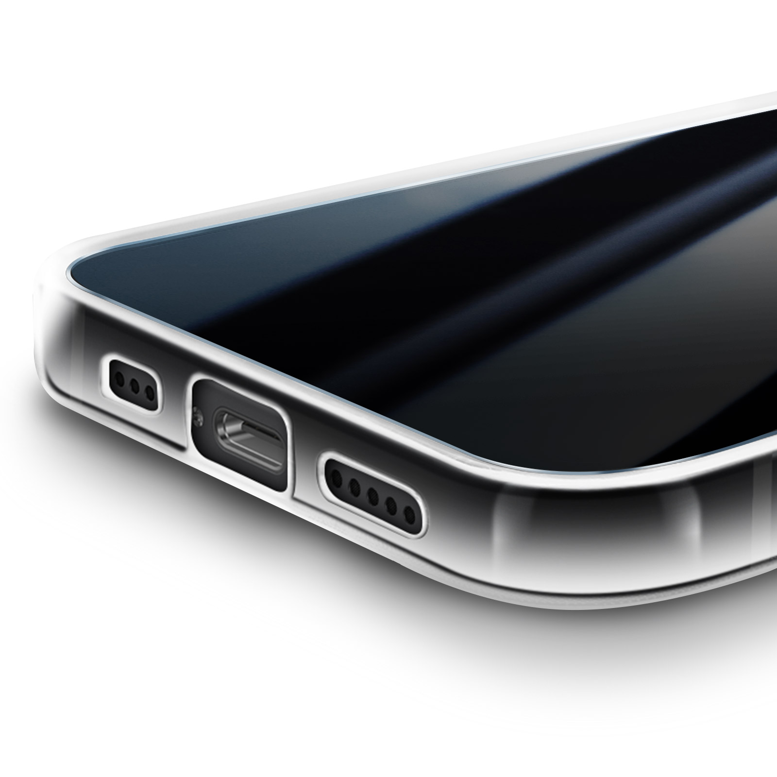 Close-up van een telefoon met een doorzichtige hoes. Toont de onderkant met poorten en luidsprekers.