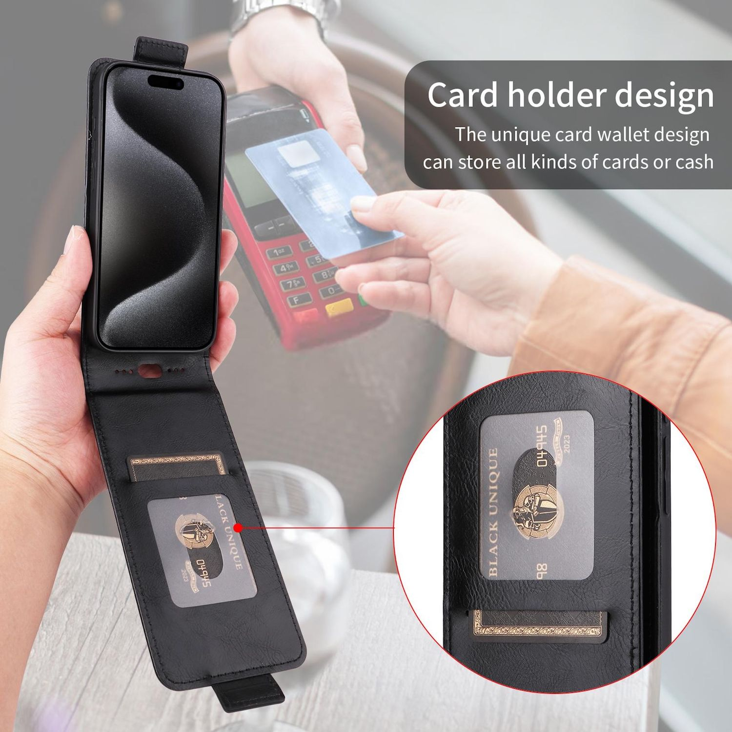 Schwarze Handyhülle mit Kartenhalter-Design. Verfügt über ein Portemonnaie-Design und Kartenaufbewahrung.
