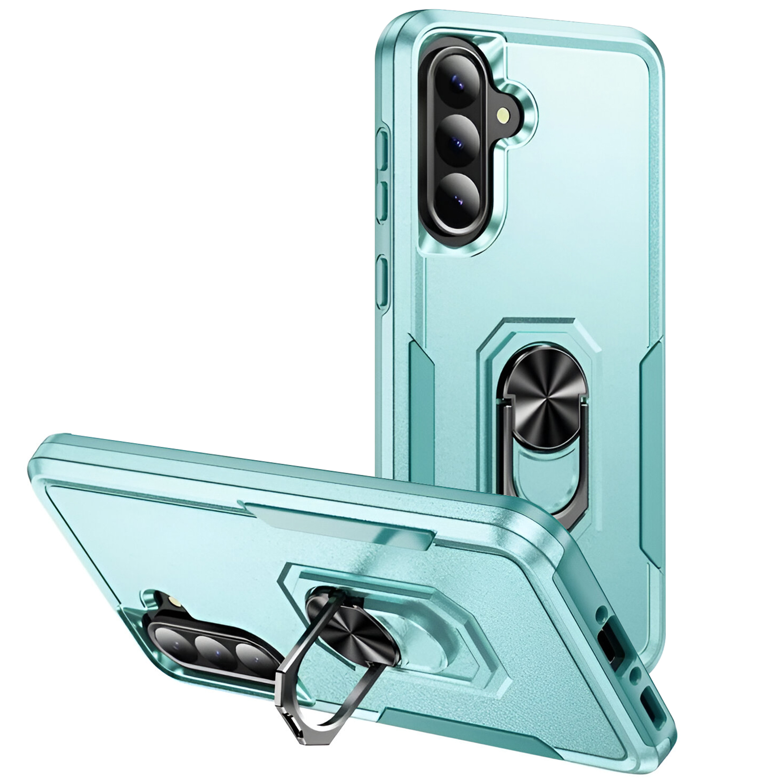 Custodia per telefono azzurra con anello metallico. Tre obiettivi della fotocamera. Sfondo bianco.