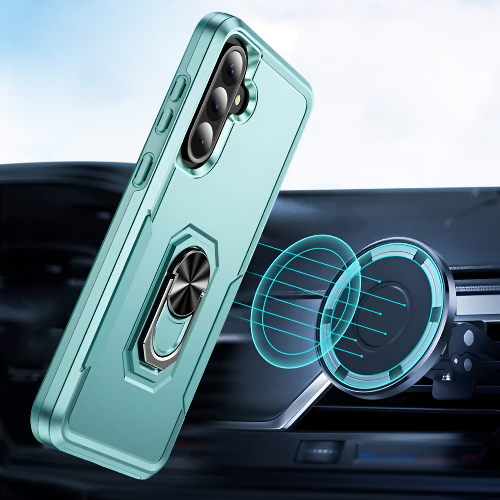 Custodia per telefono azzurra con anello, attaccata a un magnete. Il telefono è nella custodia.
